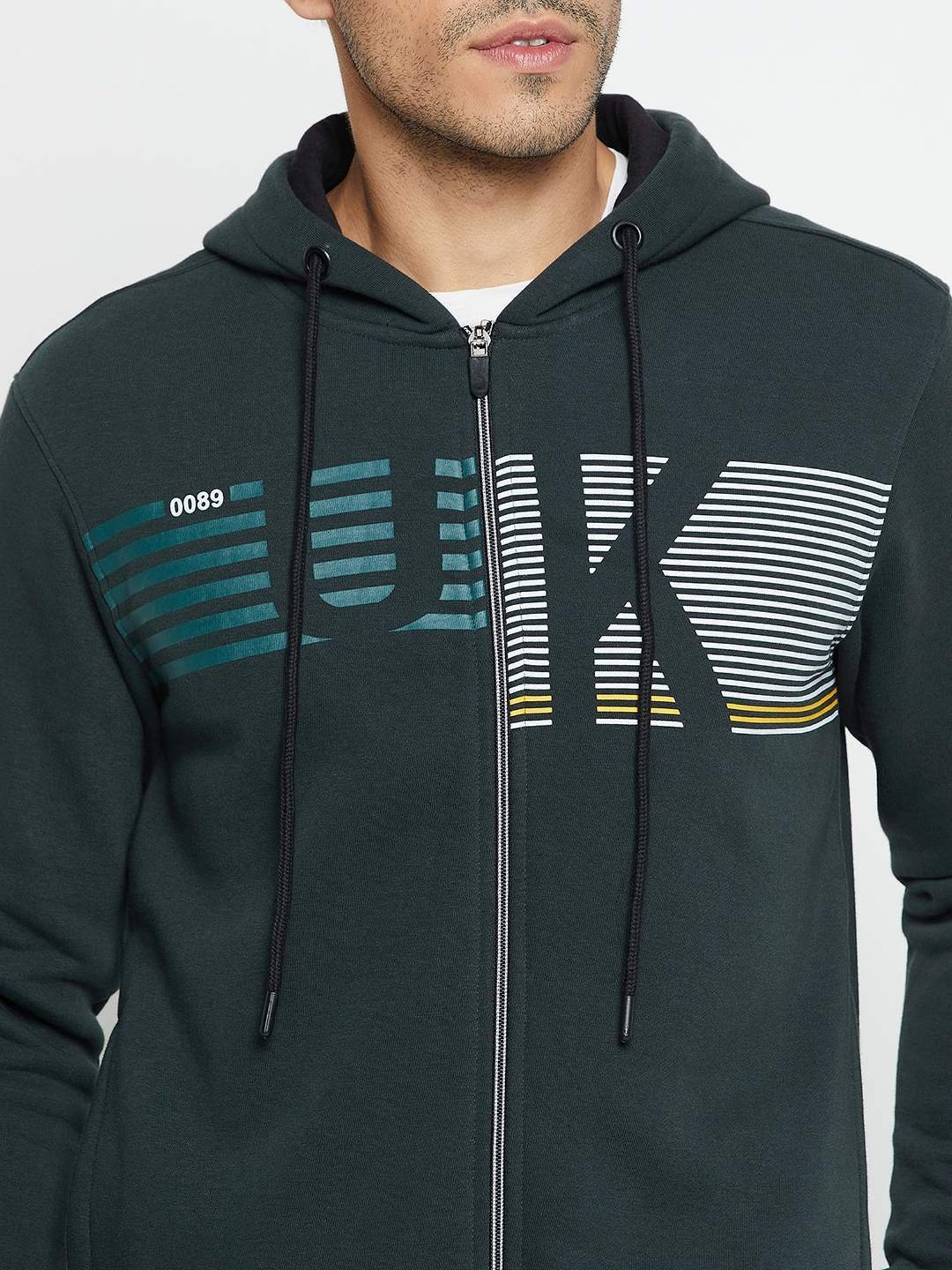 Cantabil Bottle Green Regular Fit Printed Hooded Jacket