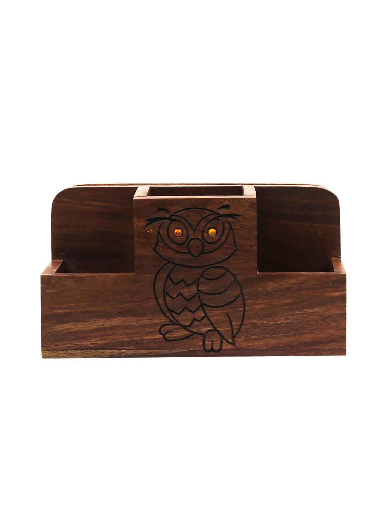 VarEesha Dark Brown Sheesham Wood Wise Owl Penstand - Set of 1