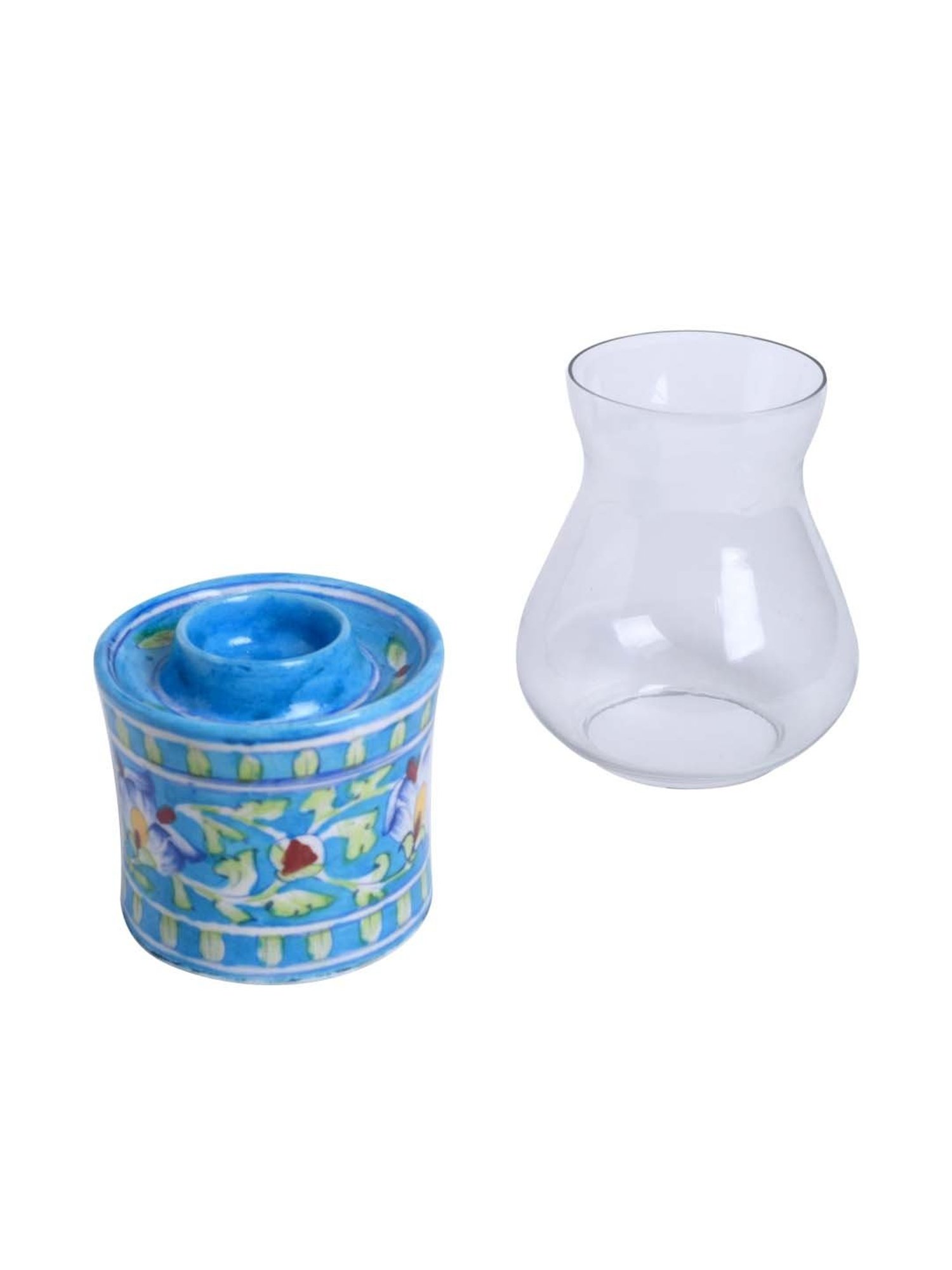 Unravel India Transparent & Blue Ceramic Tealight Candle Holder - Set of 1