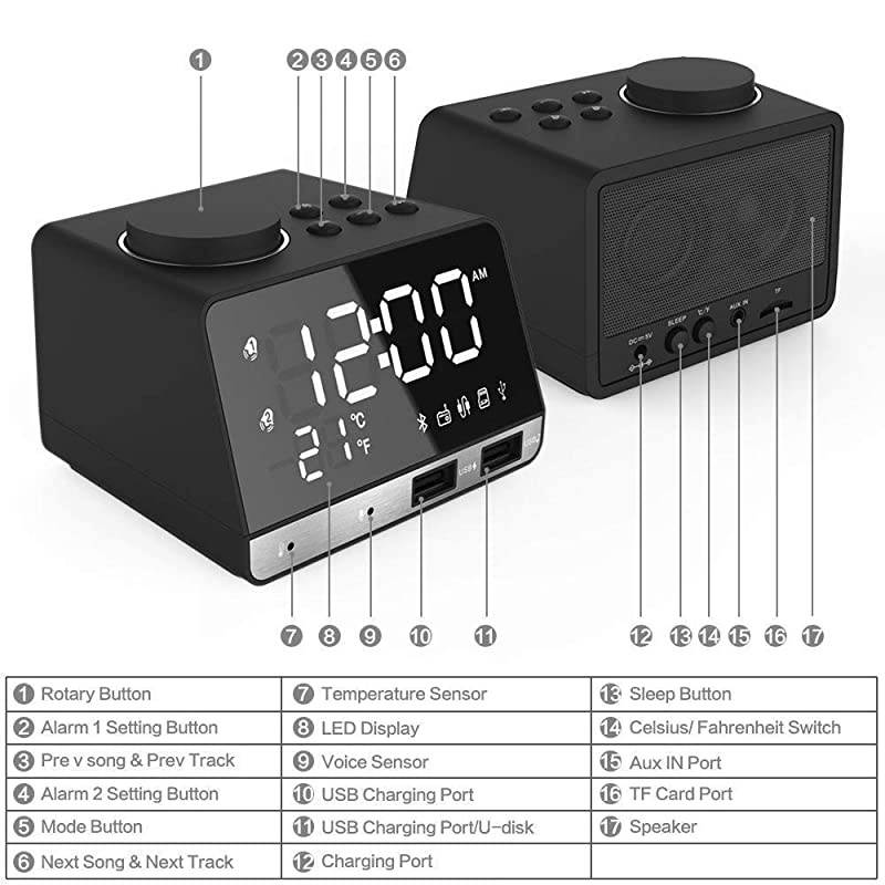 Clocks for Bedrooms 42quot LED Digital Clock Radio with FM Radio Dual USB Port for Charger Snooze Bluetooth AUX TF Card Play Battery Backup Best for Men