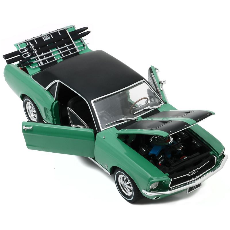 1967 Ford Mustang Coupe Loveland Green Metallic w/Black Stripes & Black Top & a Pair of Skis 1/18 Diecast Model Car Greenlight