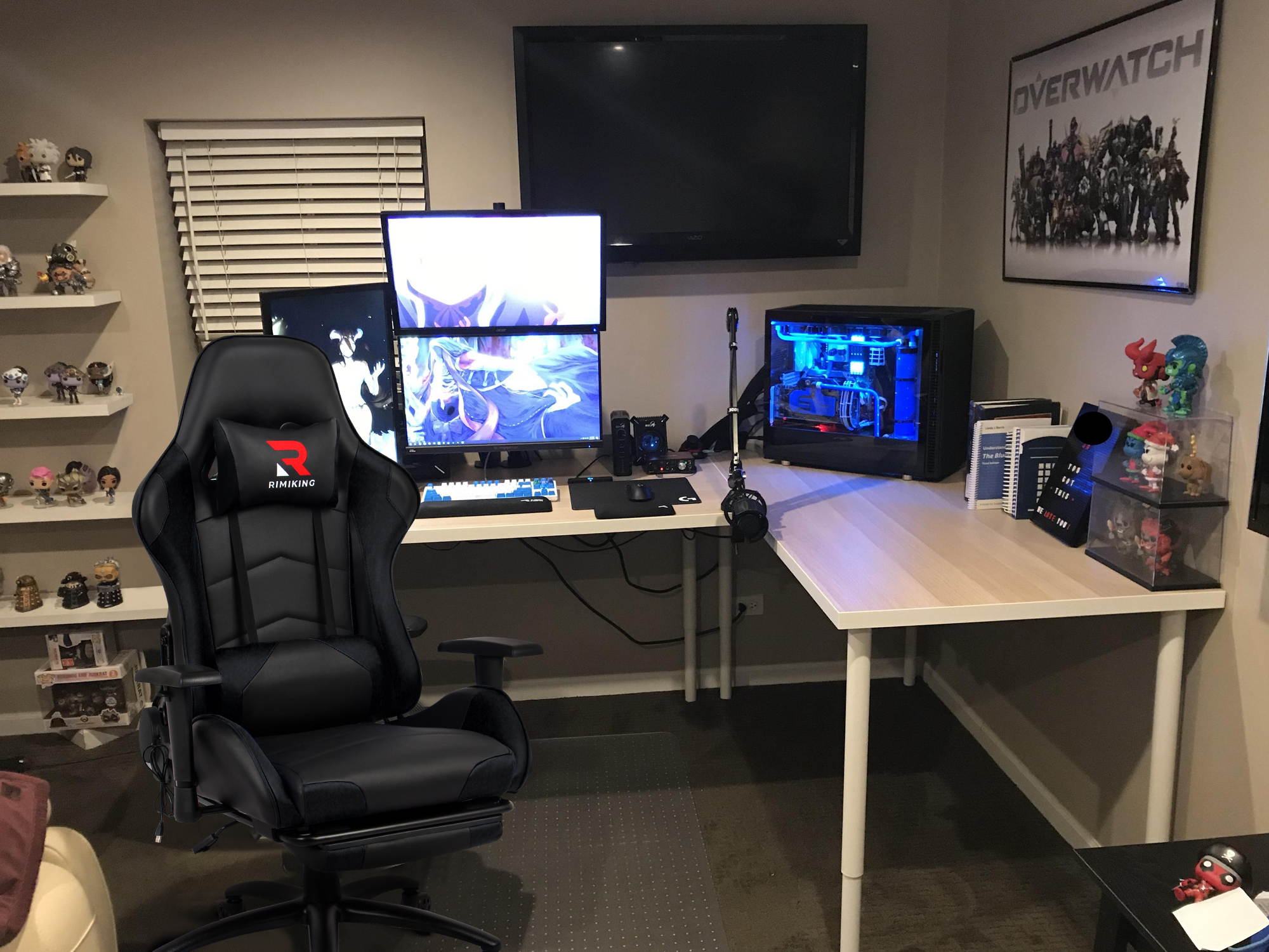 RIMIKINGMassage Gaming Chair with Retractable Footrest-Adjustable Lumbar Cushion Computer Office Racing Chair Headrest Swivel Rocking Desk Chair Ergonomic