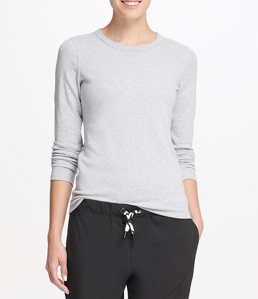 DKNY Sport Knit Jersey Cotton Blend Long Sleeve Logo Embroidered Tee