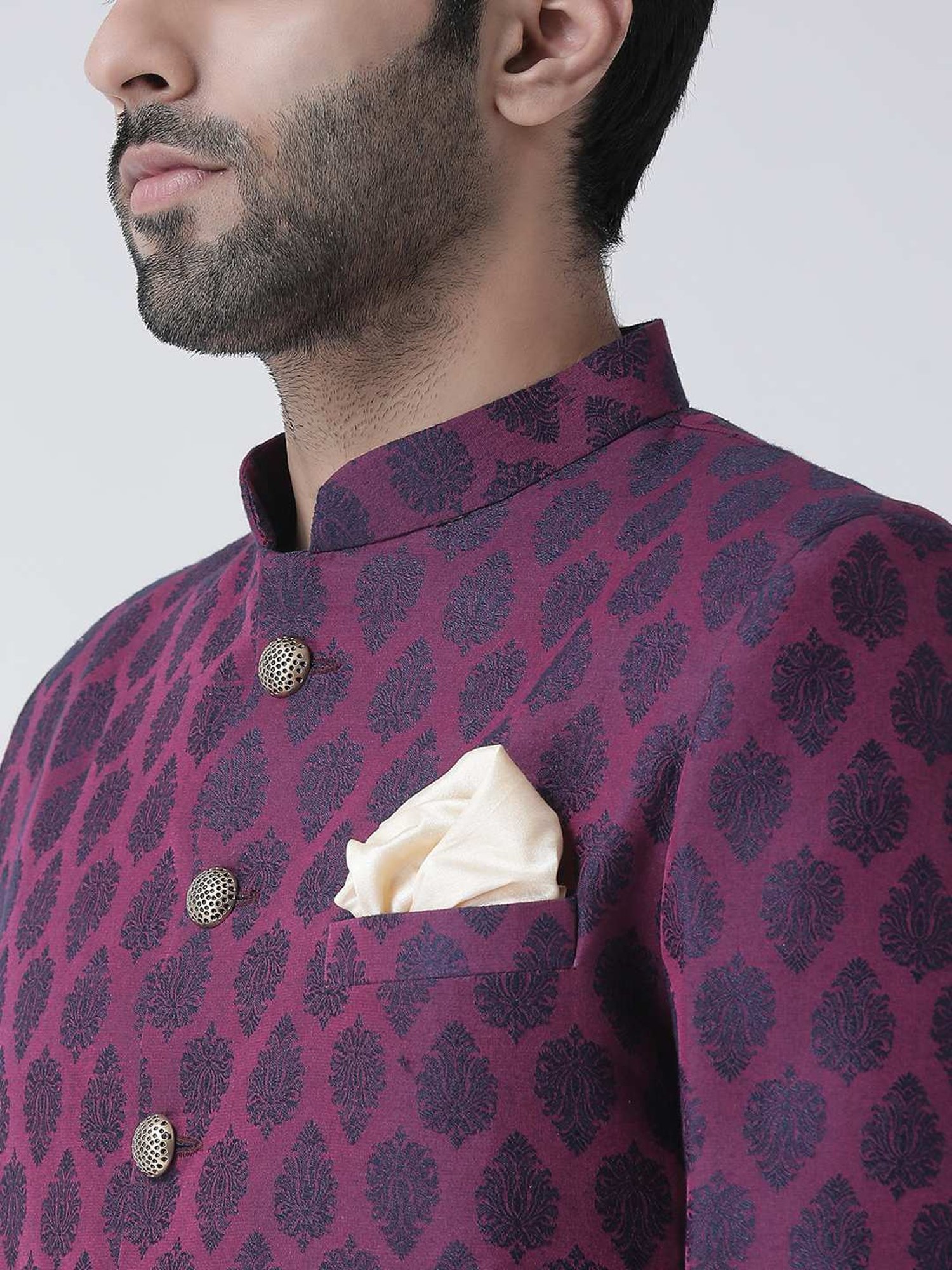 Hangup Plus Beige & Black Regular Fit Printed Sherwani Set