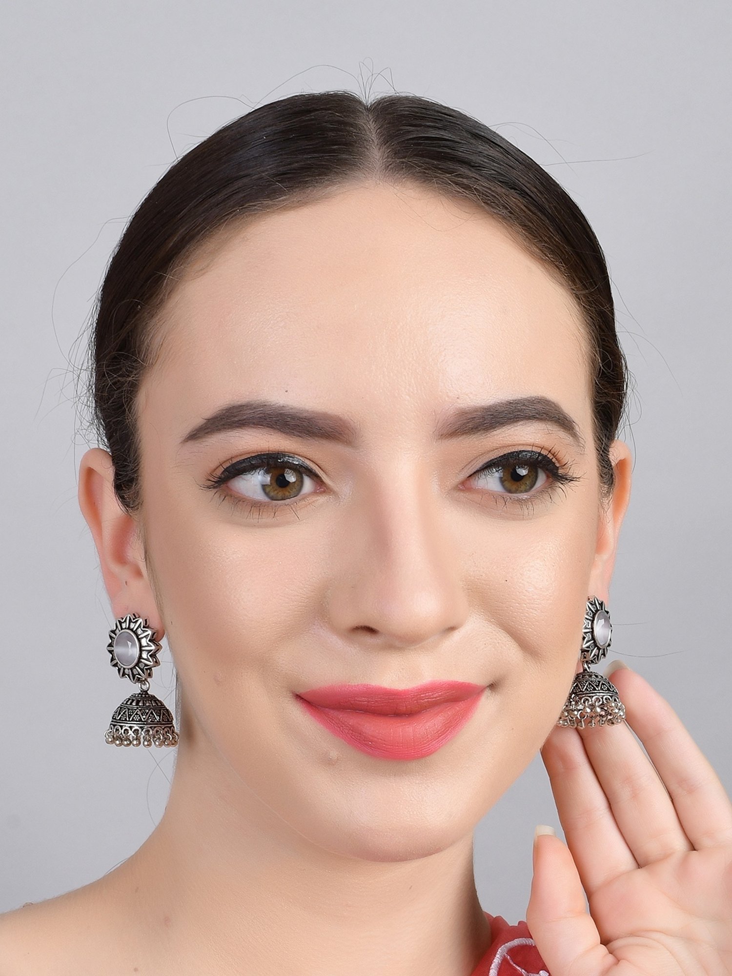 Imli Street White Silver Tone Stone-Studded Handcrafted Jhumki Earrings