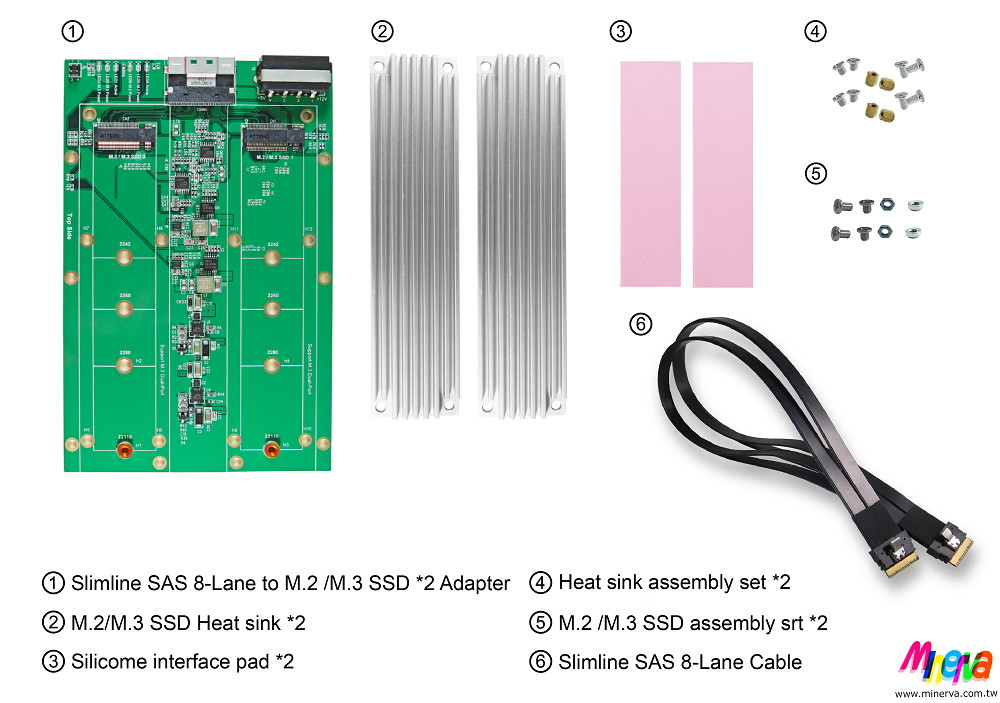 PC892A - Slimilne SAS (SFF-8654) 8-Lane to M.2 NVMe SSD dual ports Adapter to Slimline SAS 8-Lane to Slimline SAS 8-Lane Cable KIT