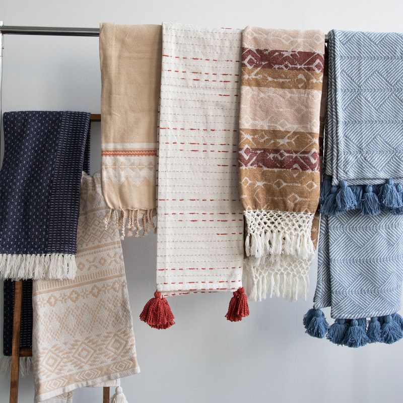 Blue Pattern Hand Woven 50 x 60 inch Cotton Throw Blanket with Hand Tied Tassels - Foreside Home & Garden