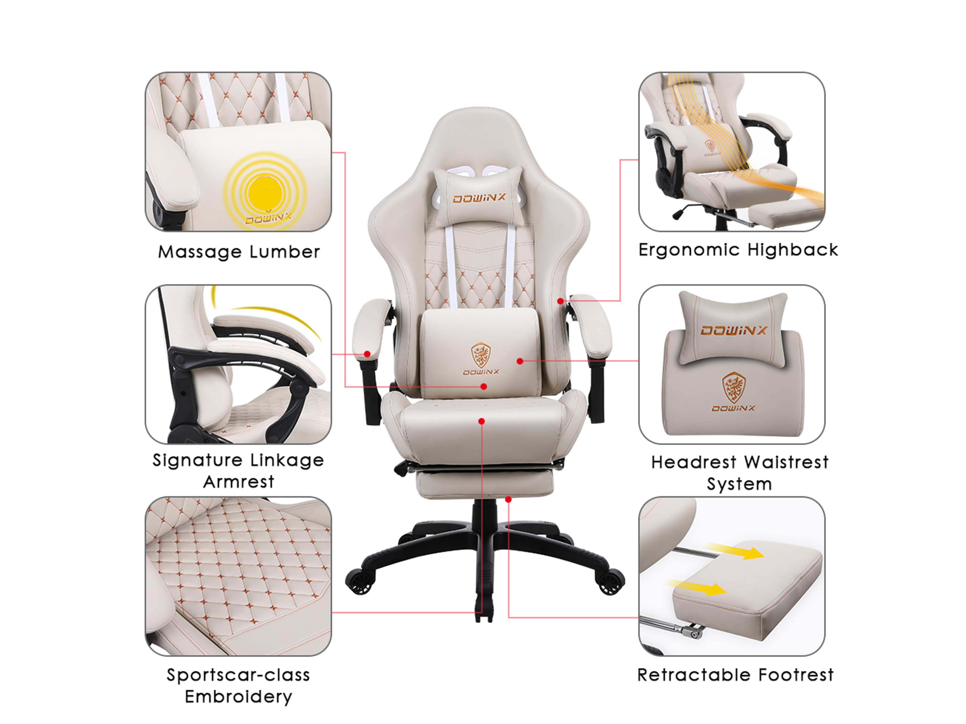 Dowinx Gaming Chair Office Chair PC Chair with Massage Lumbar Support, Racing Style PU Leather High Back Adjustable Swivel Task Chair with Footrest (Black&Red)