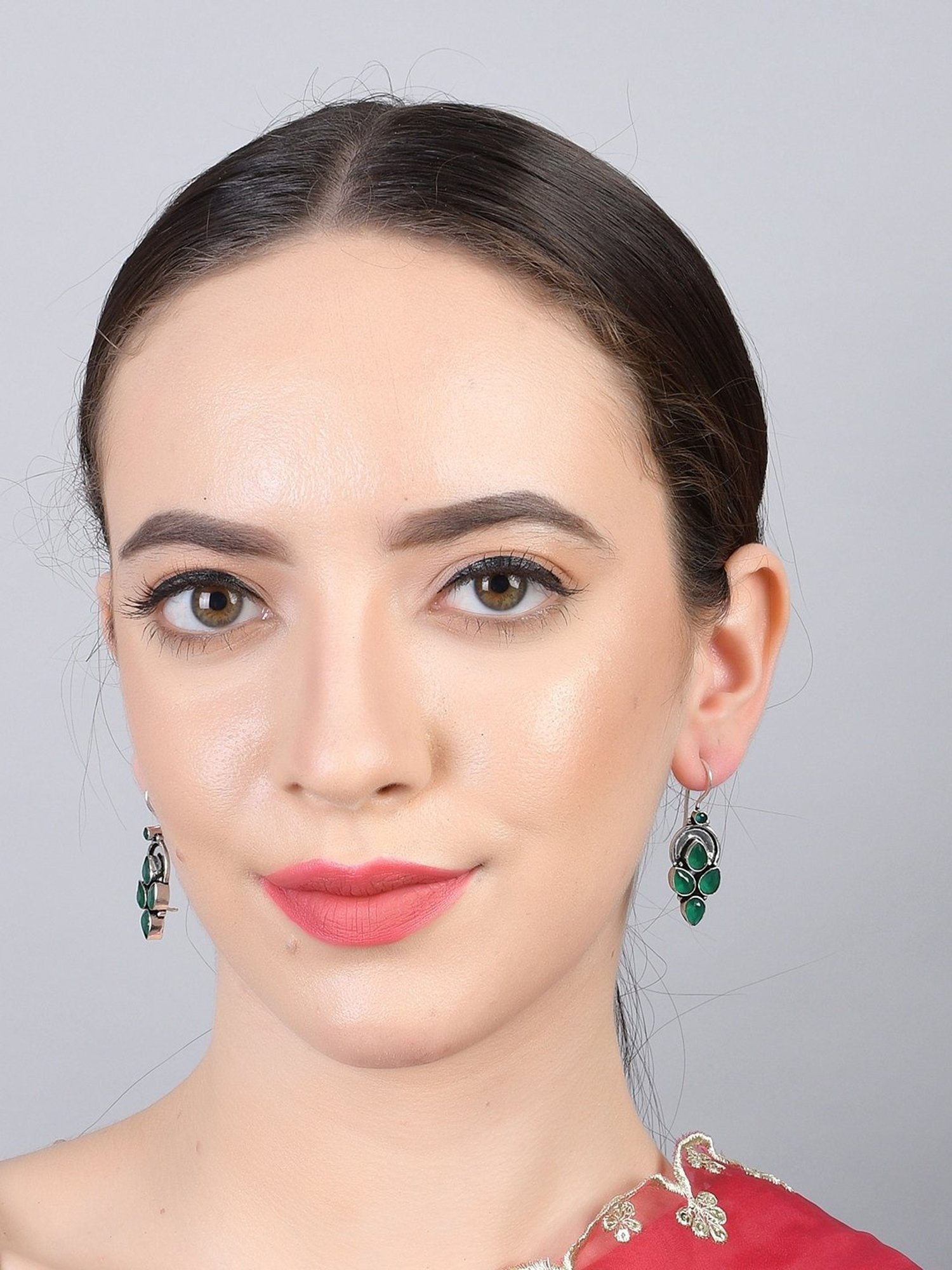 Imli Street Green Silver Tone Stone-Studded Handcrafted Dangler Earrings