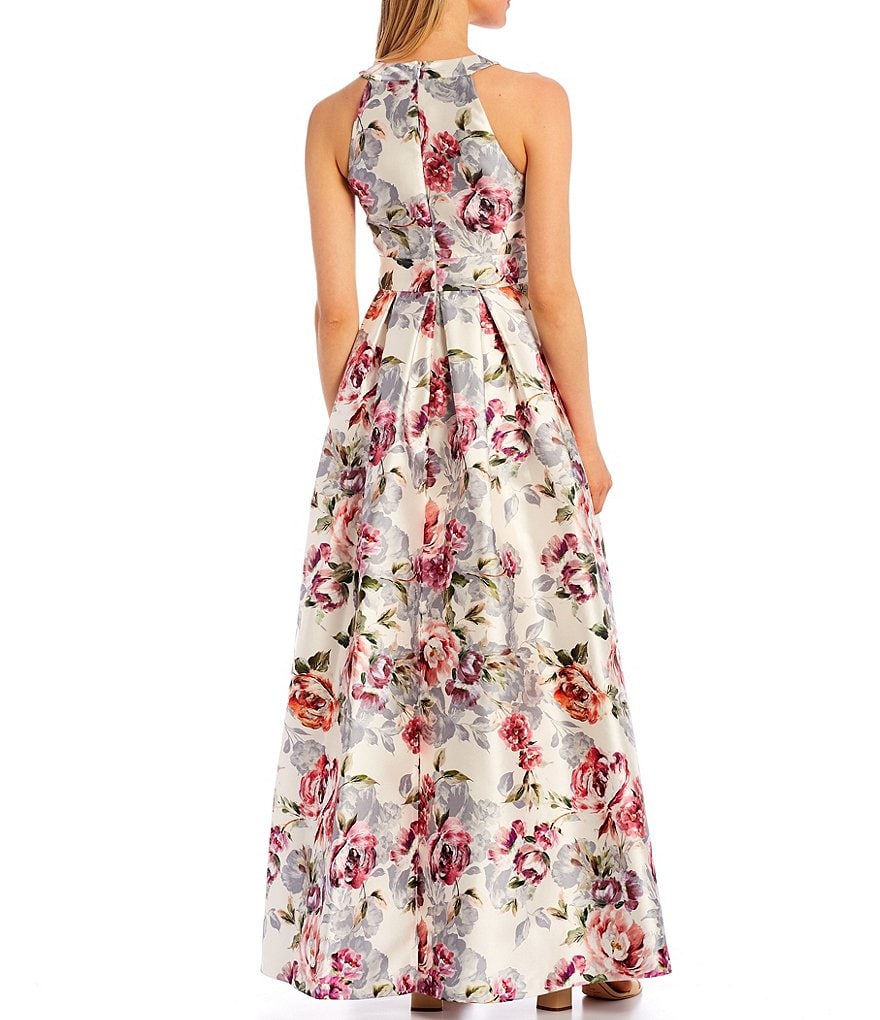 Eliza J Floral Brocade Halter Neck Sleeveless Mikado Ball Gown