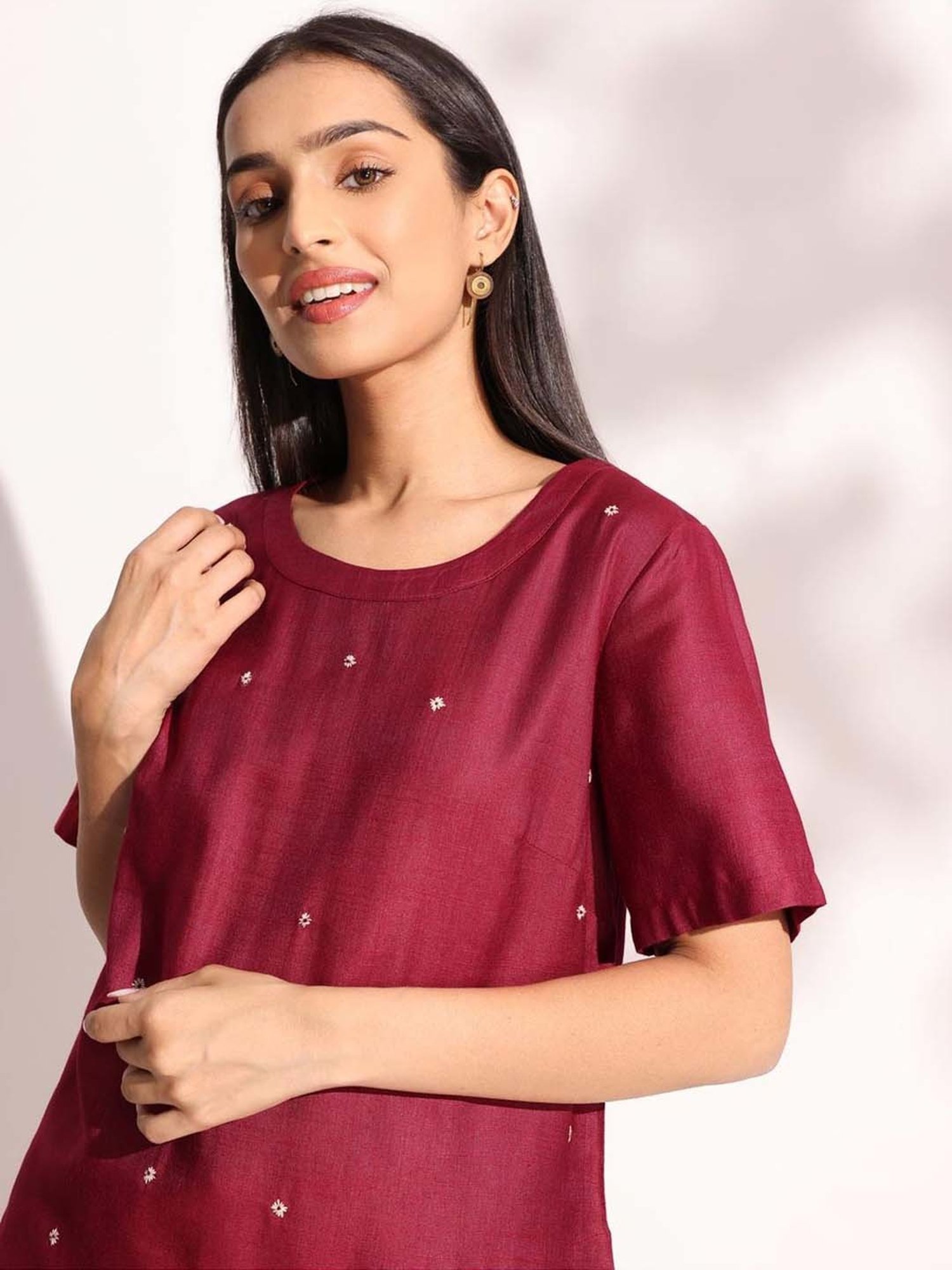 Fabindia Maroon Embroidered Top
