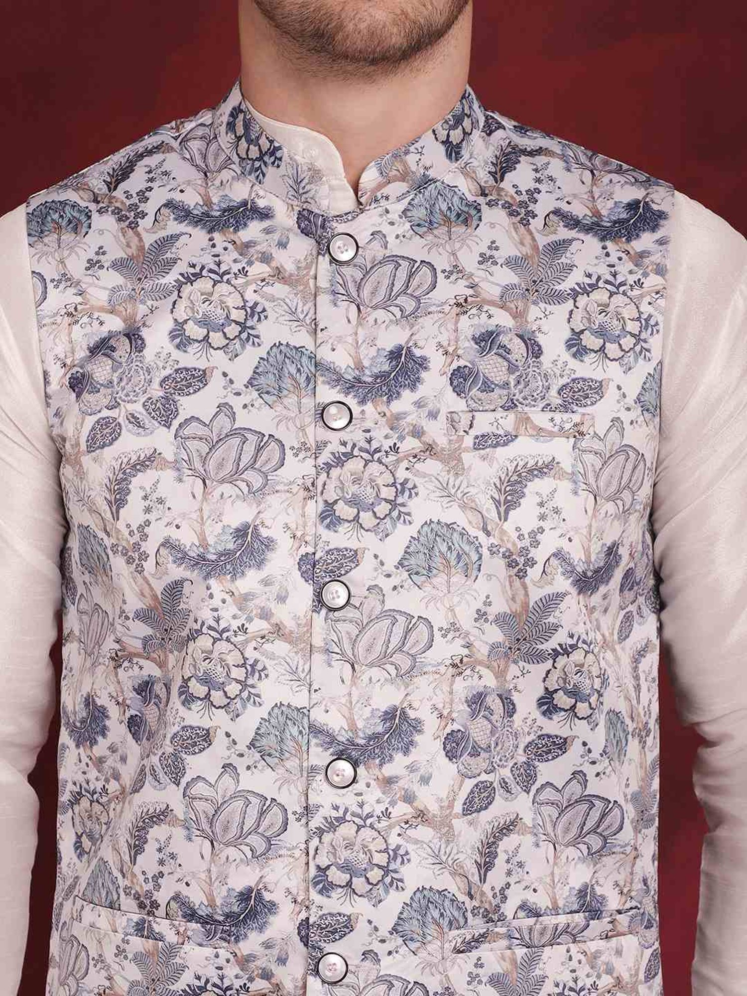 Jompers White Regular Fit Printed Nehru Jacket