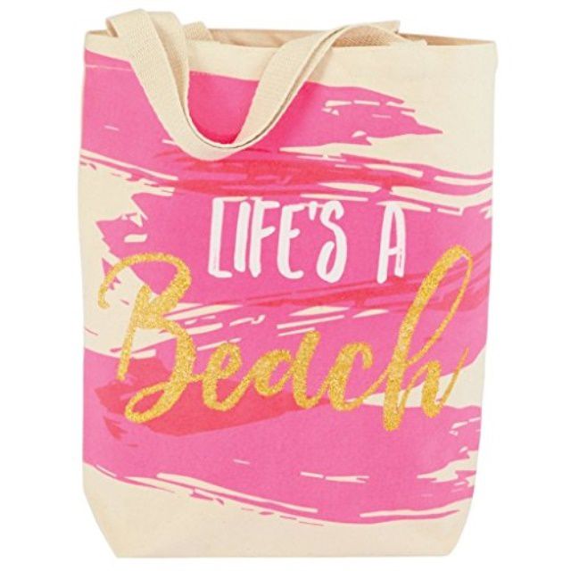 mud pie women's fashion life's a beach canvas tote life is a beach pink