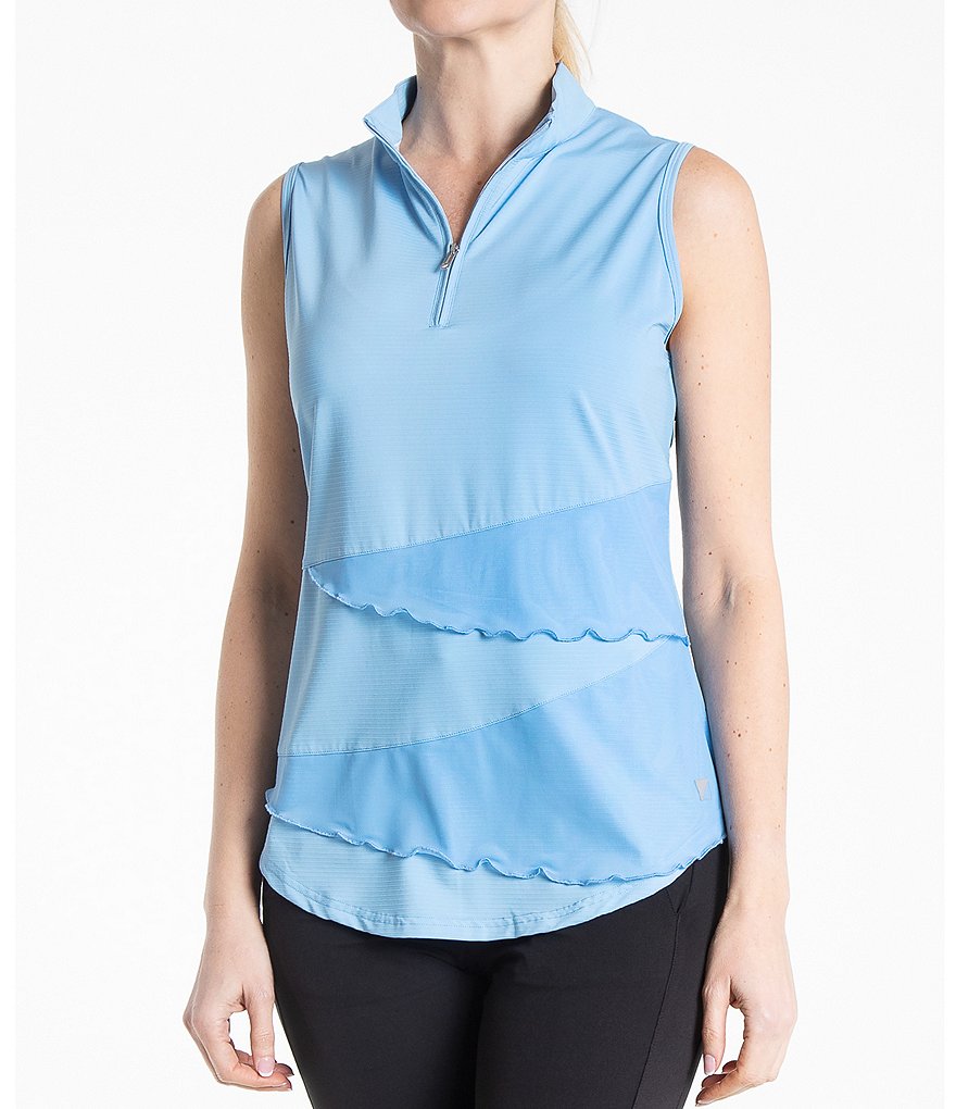 Bette & Court Synergy Sleeveless Quarter Zip Solid Polo Top