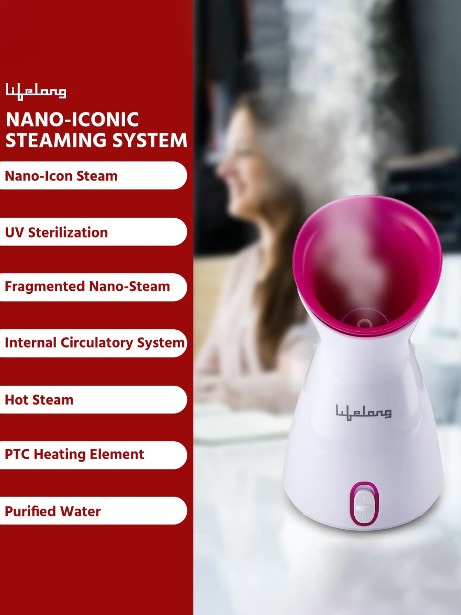 Lifelong LLS45 Warm Mist Cough, Cold and Moisturising Facial Steamer with UV Sterilisation (Pink)