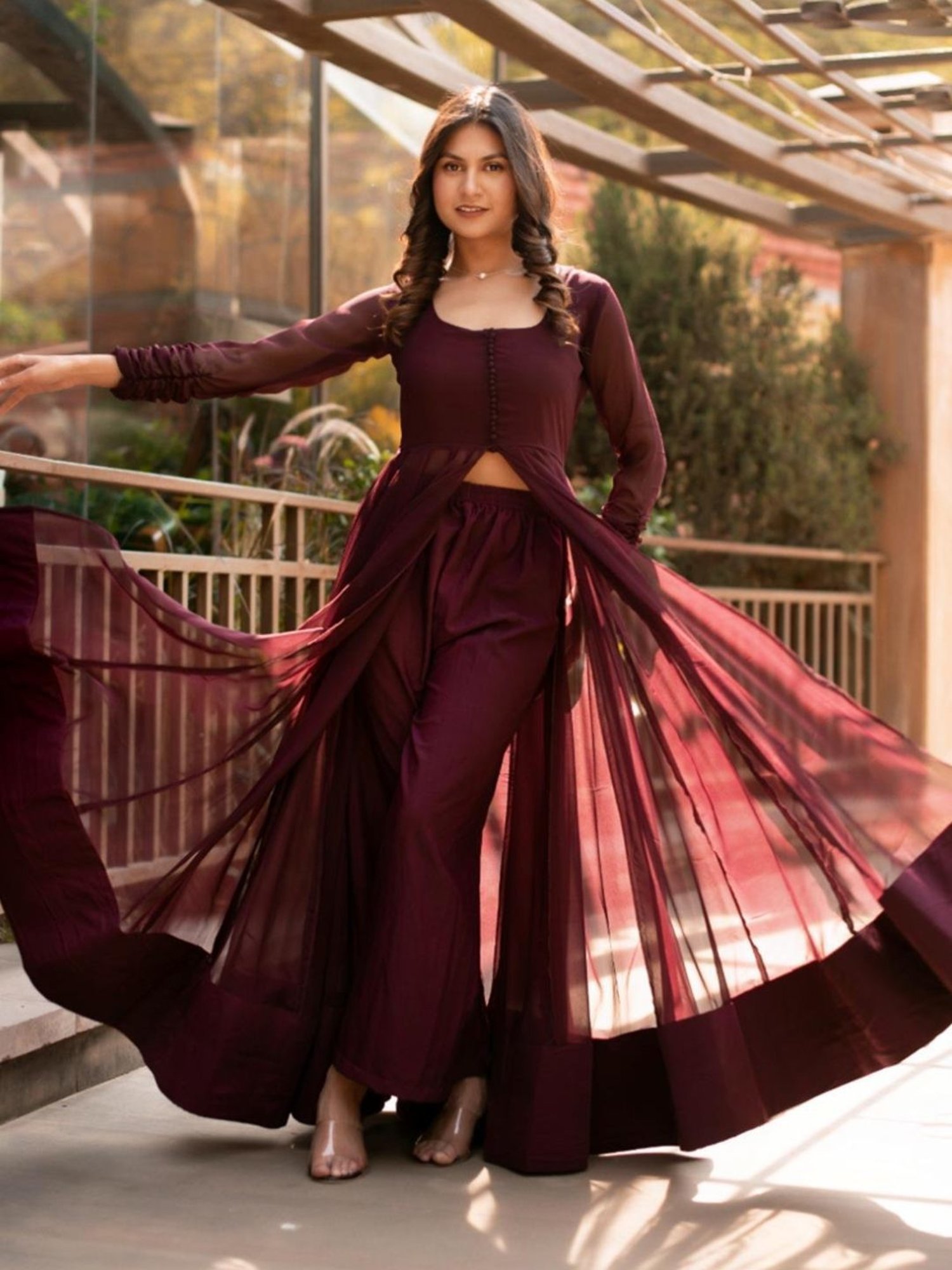 Calmna Wine Georgette Cape with Pant Co-ord Set