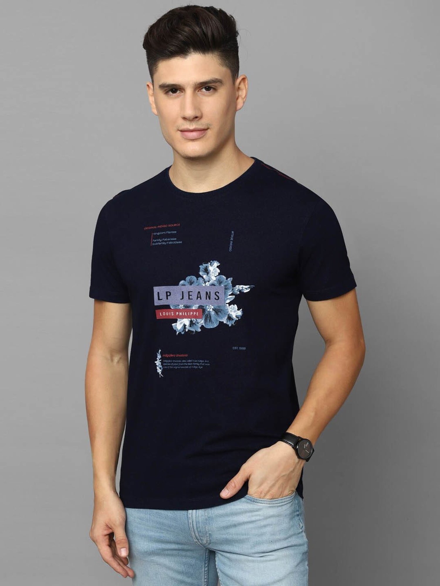 Louis Philippe Jeans Navy Blue Cotton Slim Fit Printed T-Shirt