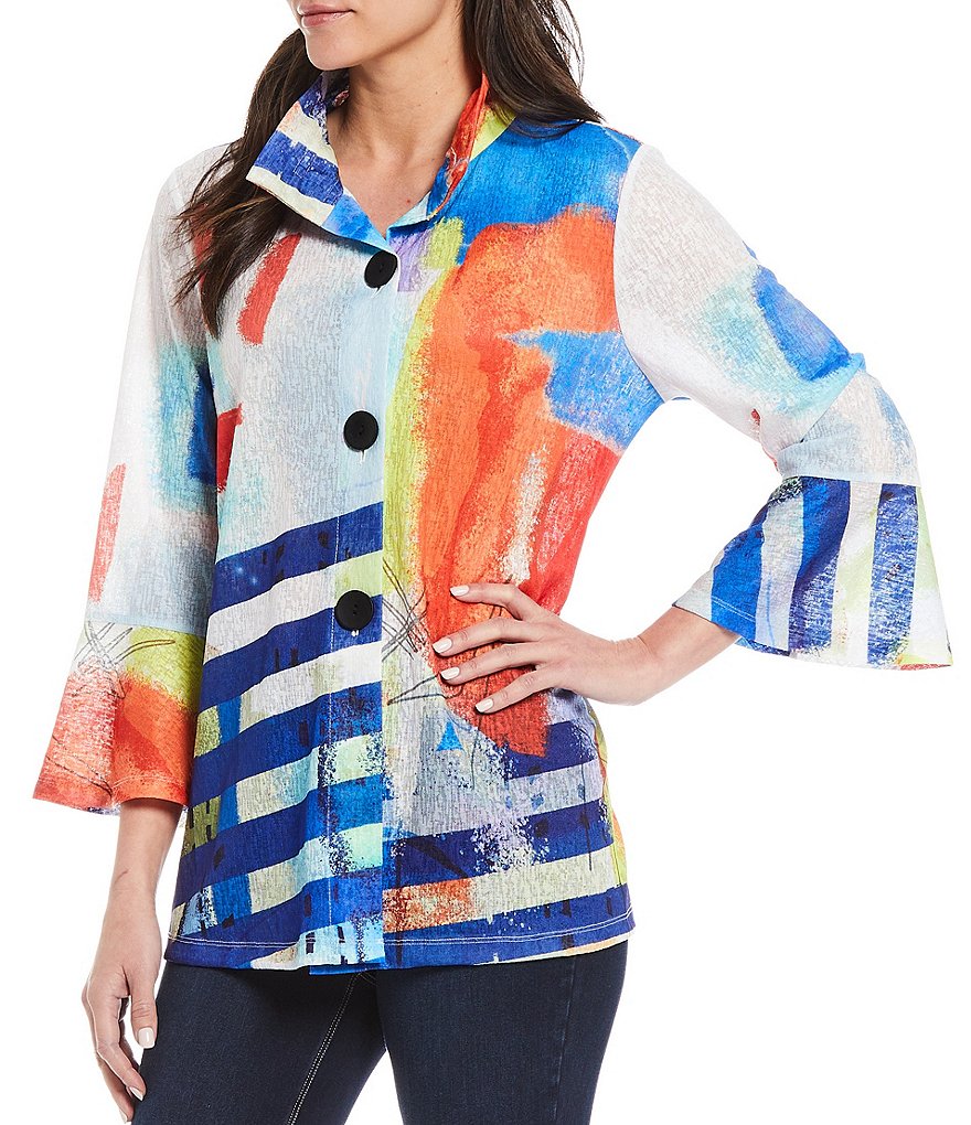 Ali Miles Petite Size Open Mesh Two Button Front 3/4 Sleeve Jacket