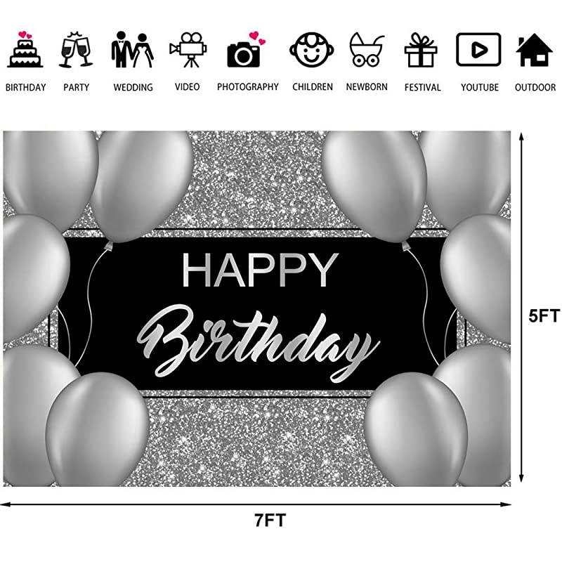 Birthday Backdrop Shinning Sliver and Gery Balloons Birthday Photography Background Black Birthday Party Decorations Supplies Photo Booth Props Banner 7x5ft