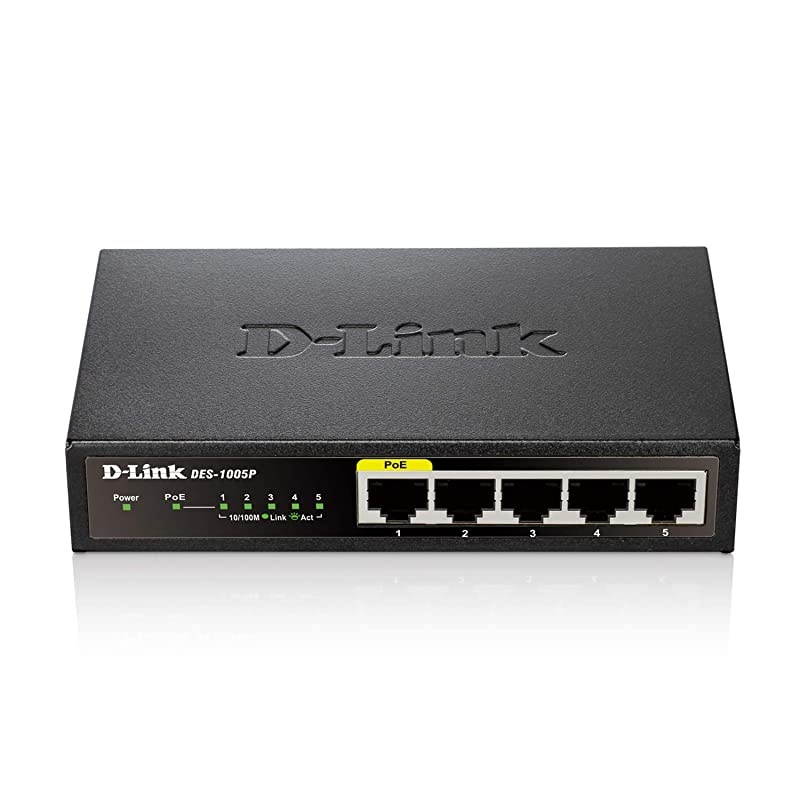 Ethernet PoE Switch, 5 Port Unmanaged with 4 PoE Ports Fanless Desktop or Wall Mount Plug and Play (DES-1005P), Black
