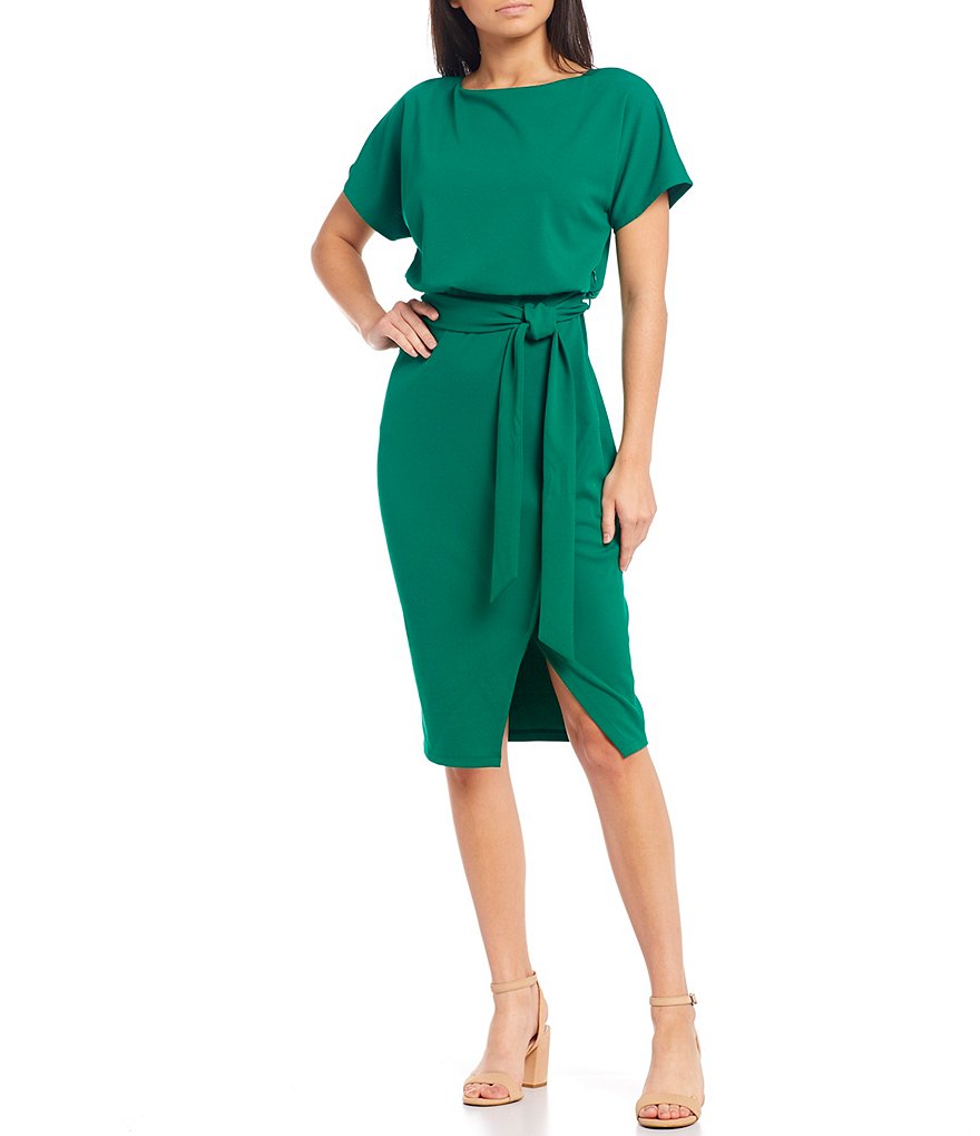 Kensie Textured Knit Boat Neck Tie Waist Short Sleeve Blouson Dress