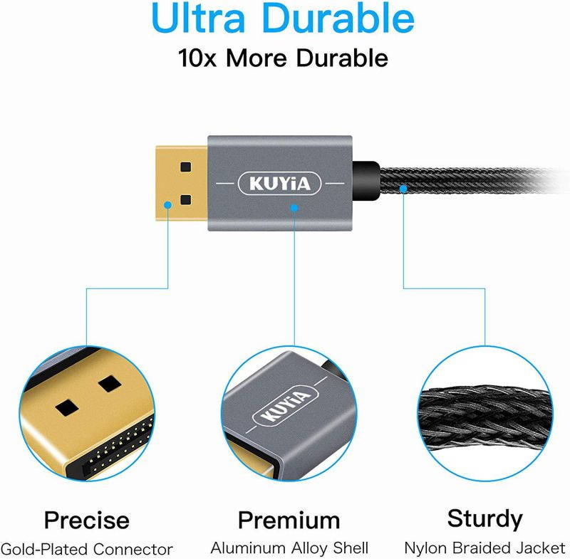 KUYIA DisplayPort Cable to DisplayPort Cable, 7 Feet Nylong Braided DP Cable 4K HD High Speed Display Cable for Gaming PC, Gaming Monitor, Laptop, TV - Gold-Plated Connector, Aluminum Alloy Shell