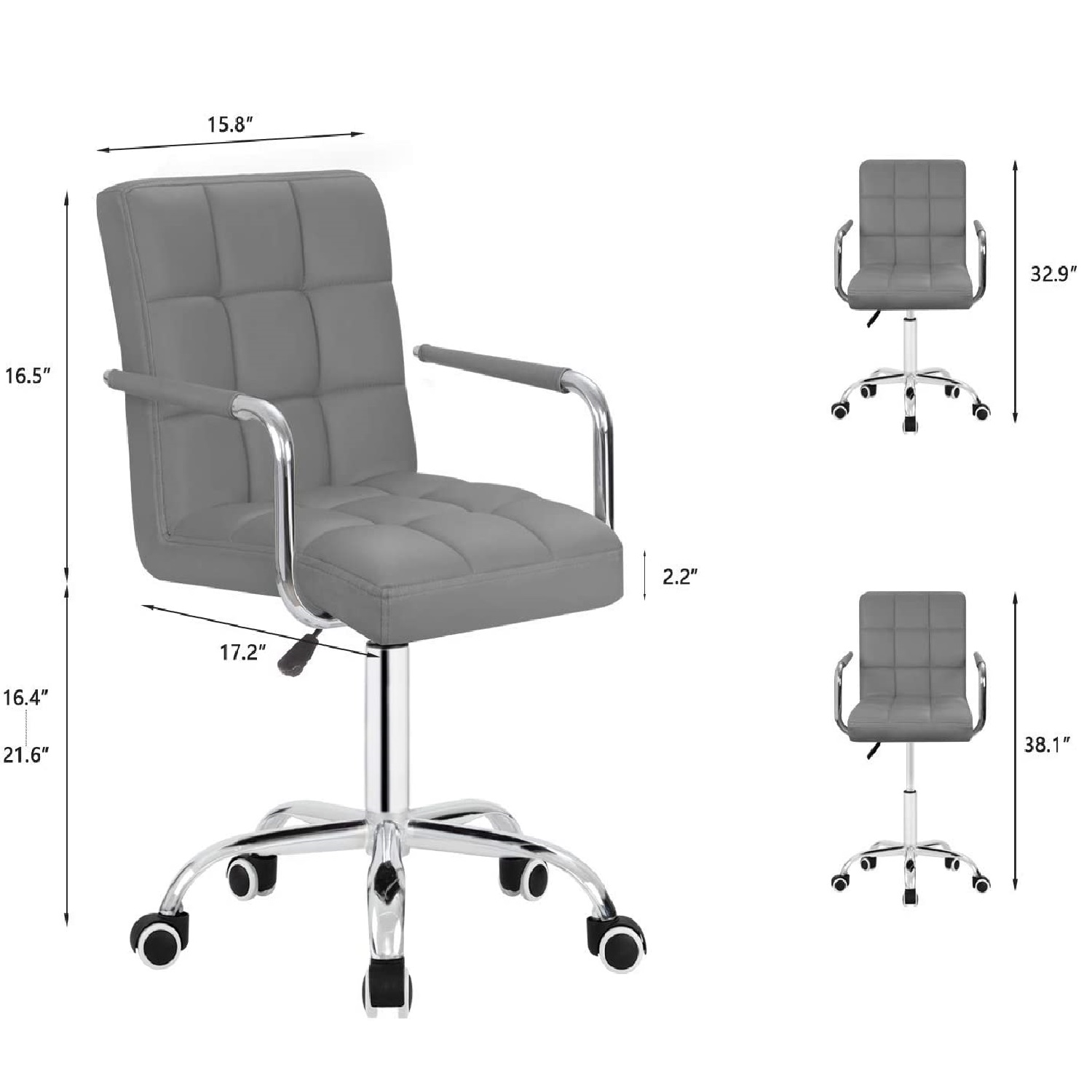 Furmax Mid-Back Office Task Chair Ribbed PU Leather Executive Chair Modern Adjustable Home Desk Chair Retro Comfortable Work Chair 360 Degree Swivel with Arms (Gray)
