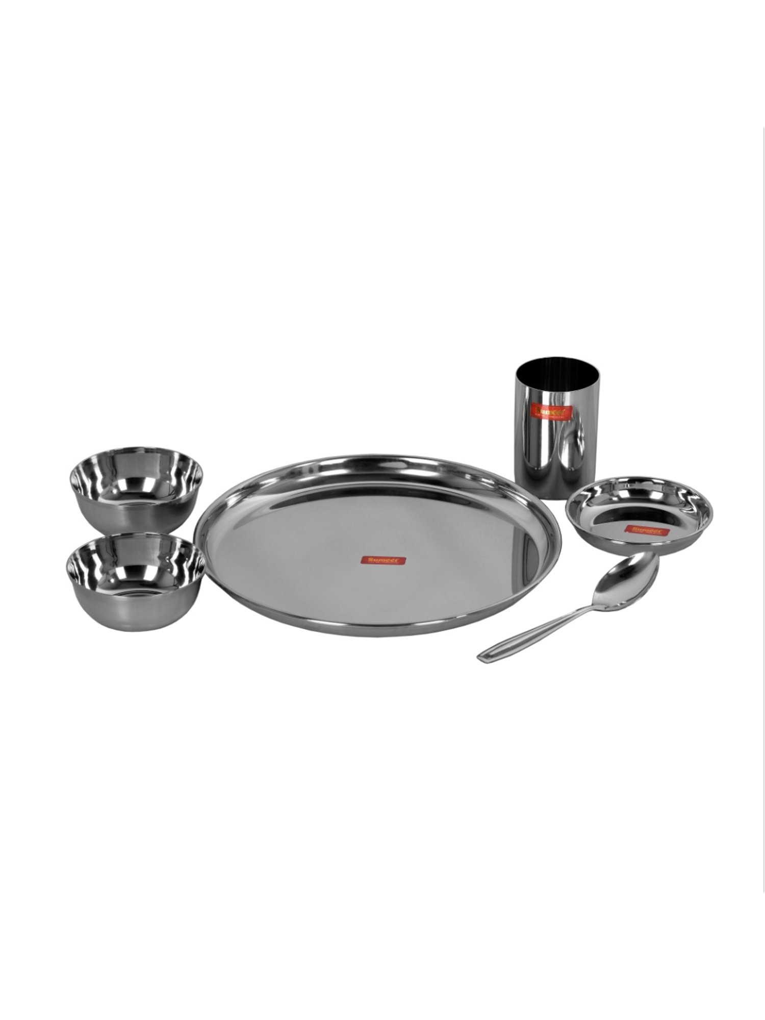 Sumeet S.S.Mirror Finish Dinner set-6 Pc(1 Plate,1 Small/Halwa Plate, 2 Bowl/Wati, 1 Glass, 1 Spoon)