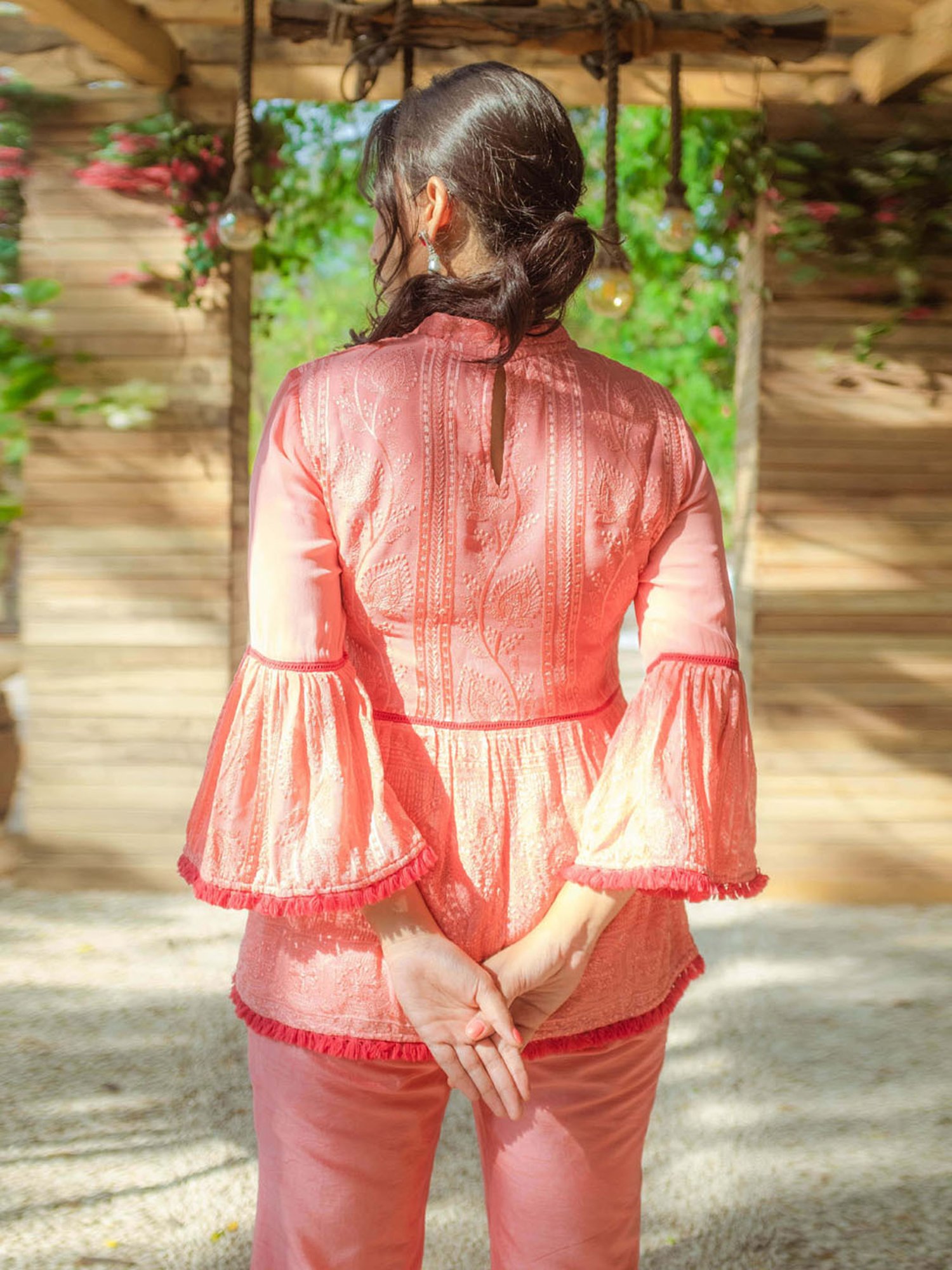 Monk and Mei Nazm Flared Chikankari Top & Pants- Peachy Melon