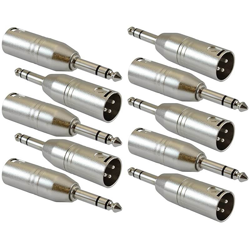 XLR Male to 1/4" Male TRS Adapter Gender Changer - XLR-M to 6.3mm Stereo Coupler Adapters - 10 PACK
