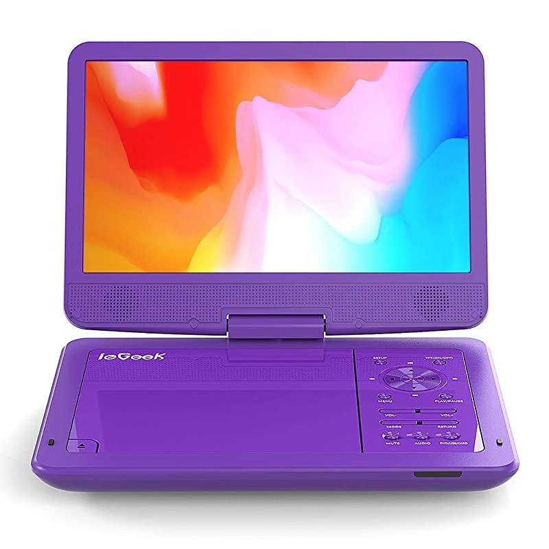 Portable DVD Player 12.5", with 10.1" HD Swivel Screen, Car Travel DVD Players 5 Hrs Rechargeable Battery, Region-Free Video Player for Kids Elderly, Remote Control, Sync TV, USB&SD, Purple