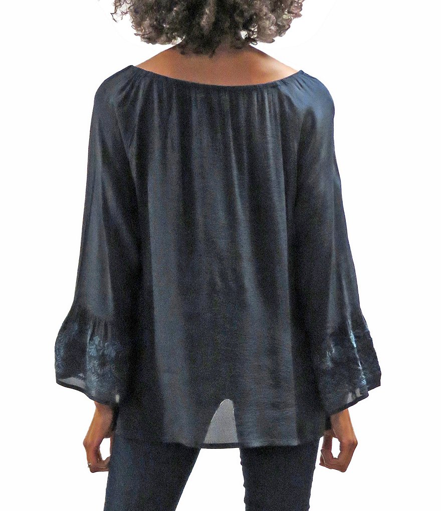 Karyn Seo Jovi Tie Scoop Neck Bell Long Sleeve Embroidered Blouse