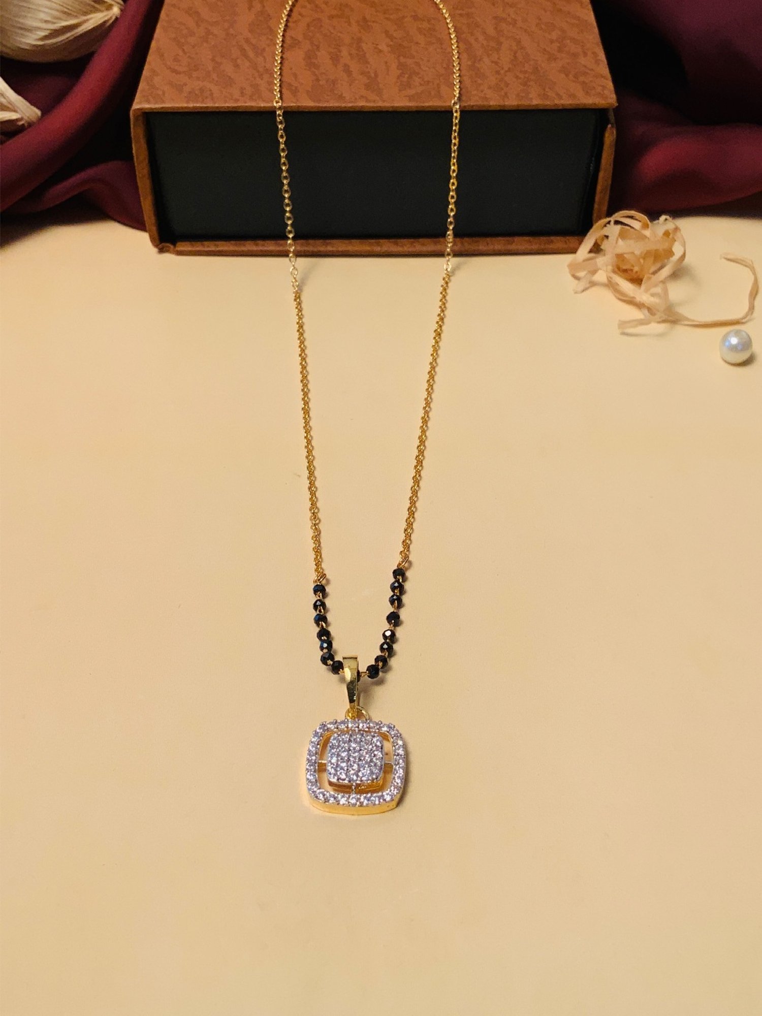 Abdesigns Gold-Plated American Diamond & Black Beaded Mangalsutra