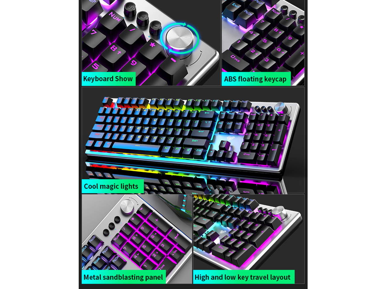 AULA F2088 Mechanical Gaming Keyboard Detachable Wrist Rest Multimedia Knob, 104 Keys Anti-ghosting Marco Programming Metal Panel Wired LED Backlit Keyboard for PC Gamer (MixedLight,BlueSwitch)