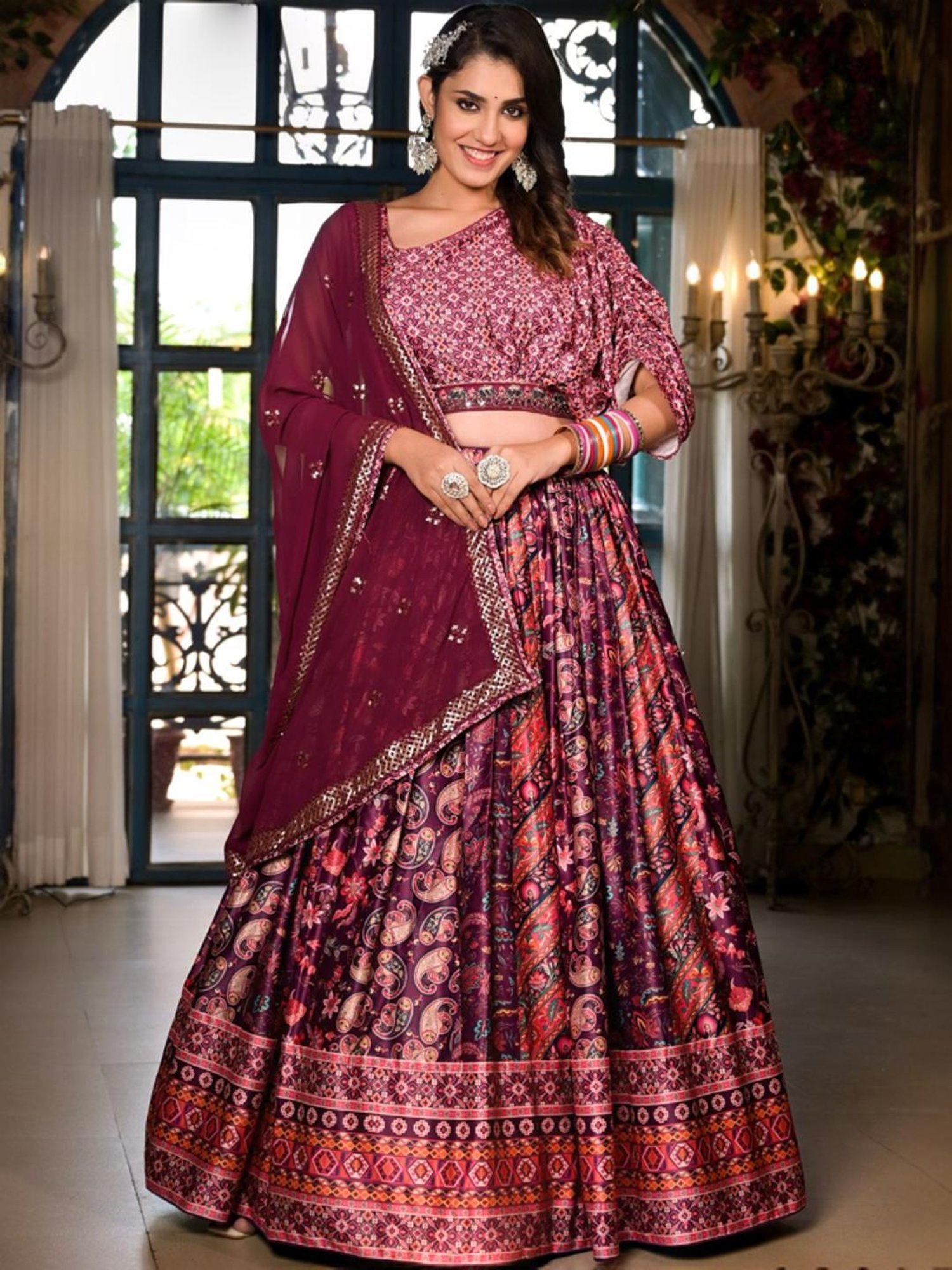 Odette Purple Printed Lehenga Choli Set With Dupatta