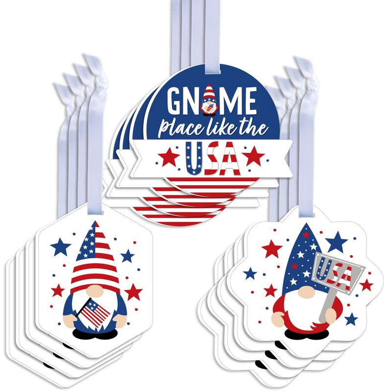 Big Dot of Happiness Patriotic Gnomes - Assorted Hanging Memorial Day, 4th of July and Labor Day Gnome Party Favor Tags - Gift Tag Toppers - Set of 12