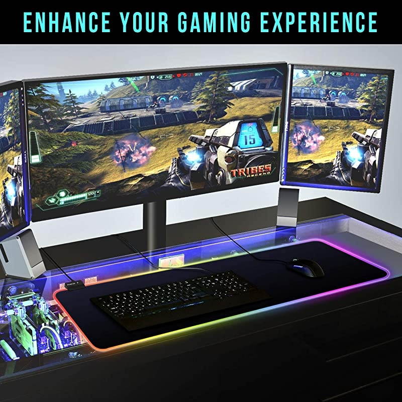 RGB Gaming Mouse Pad - 14 Light Modes Extended Computer Keyboard Mat with Durable Stitched Edges and Non-Slip Rubber Base, High-Performance Mouse Pad Optimized for Gamer 31.5X 11.8in