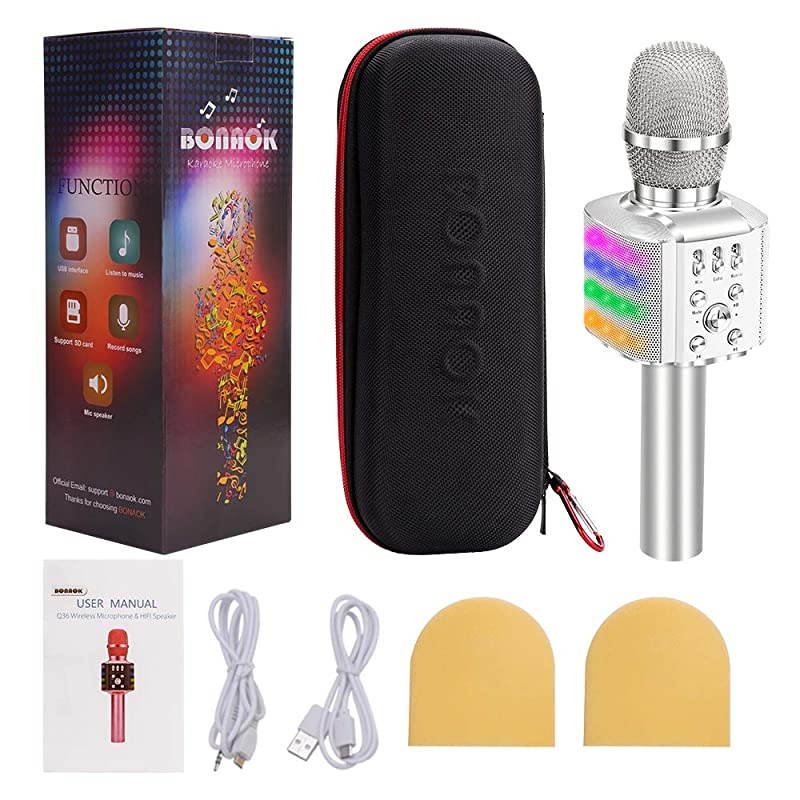 Wireless Bluetooth Karaoke Microphone with controllable LED Lights, 4 in 1 Portable Karaoke Machine Mic Speaker Birthday Home Party for All Smartphones PC(Q36 Silver)