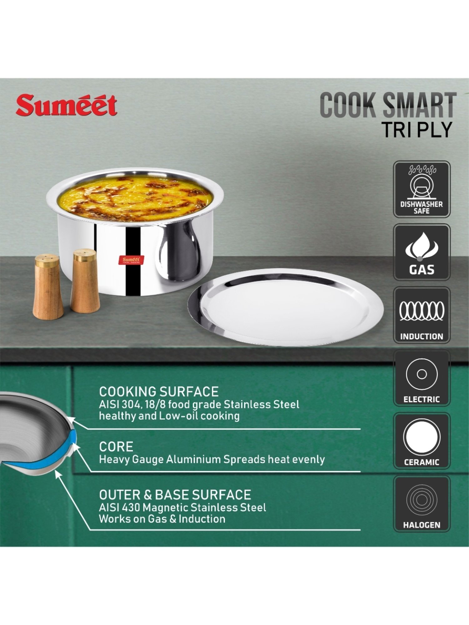 Sumeet Cook Smart TriPly SAS (Steel-Aluminium-Steel - 3 Layers) Tope with Lid - 2 Ltr - 18Cm