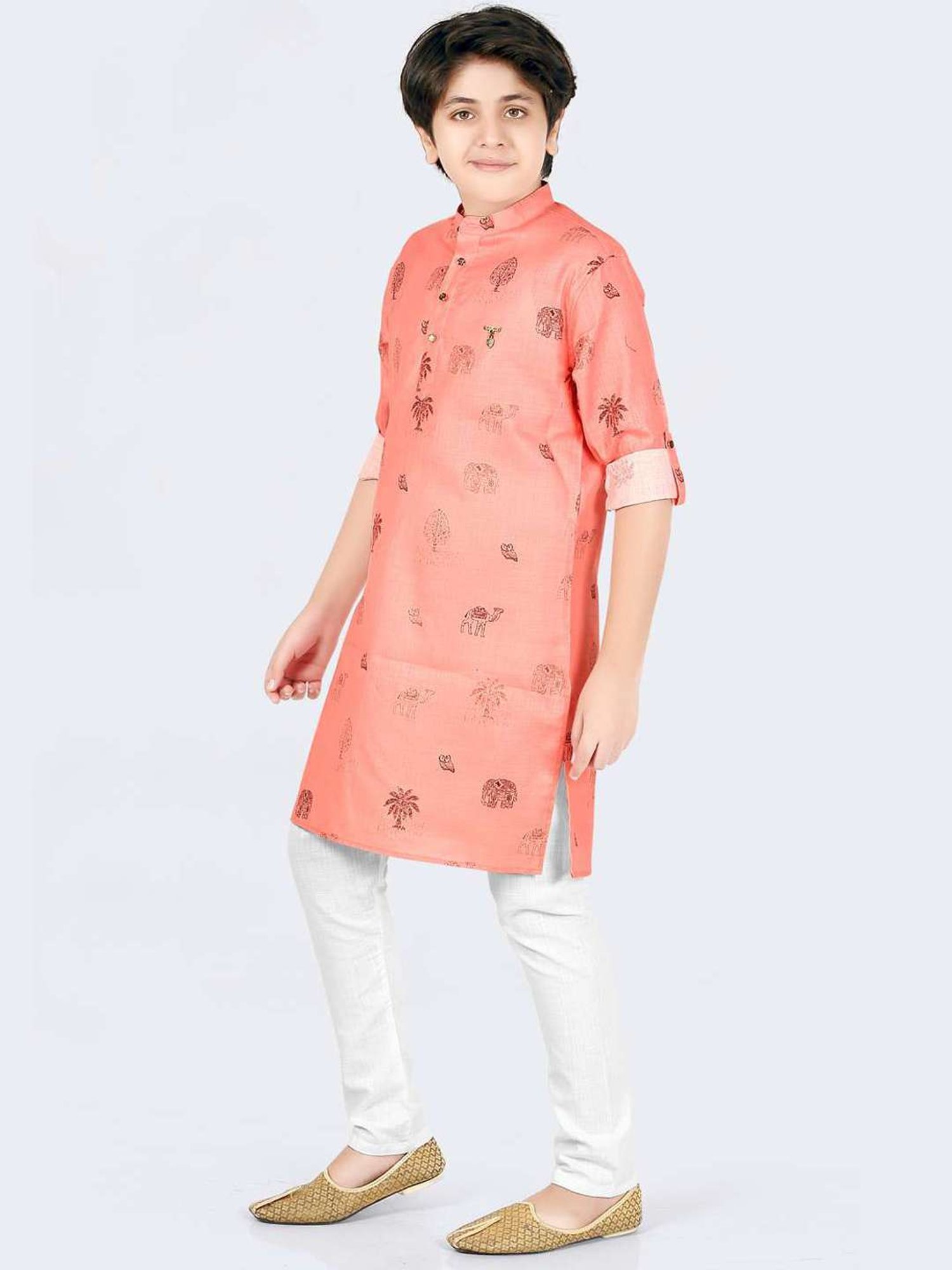 Cavio Kids Pink & White Cotton Printed Full Sleeves Kurta Set