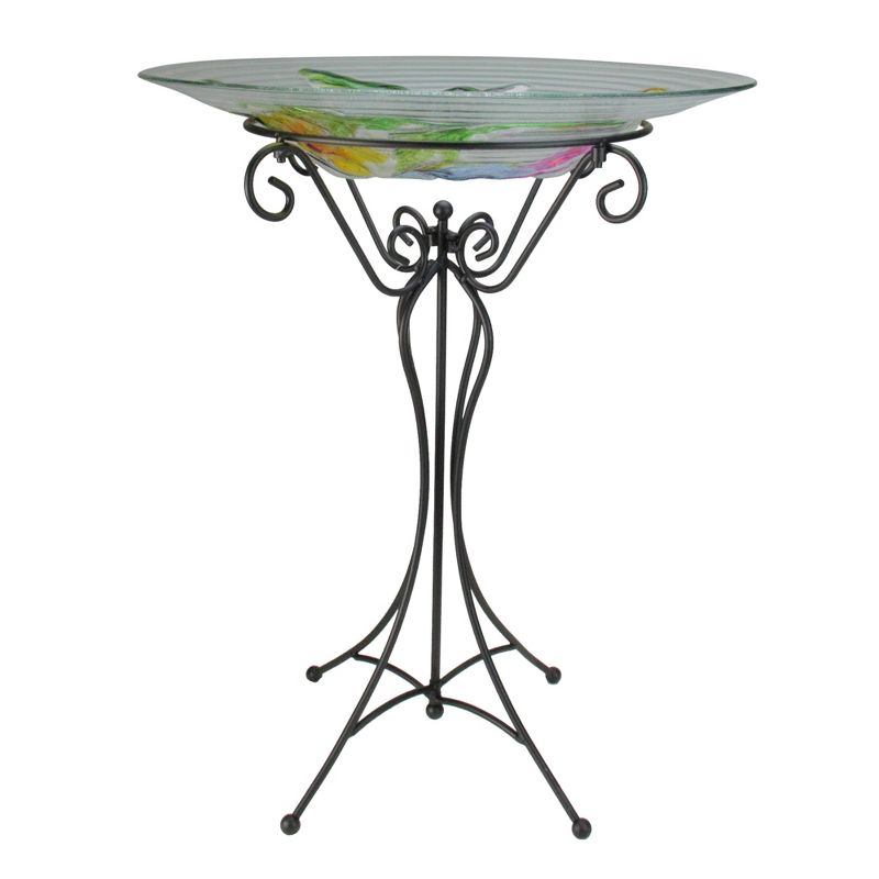 Northlight 22.5" Hummingbird and Flowers Hand Painted Glass Garden Outdoor Patio Bird Bath - Gray/Green