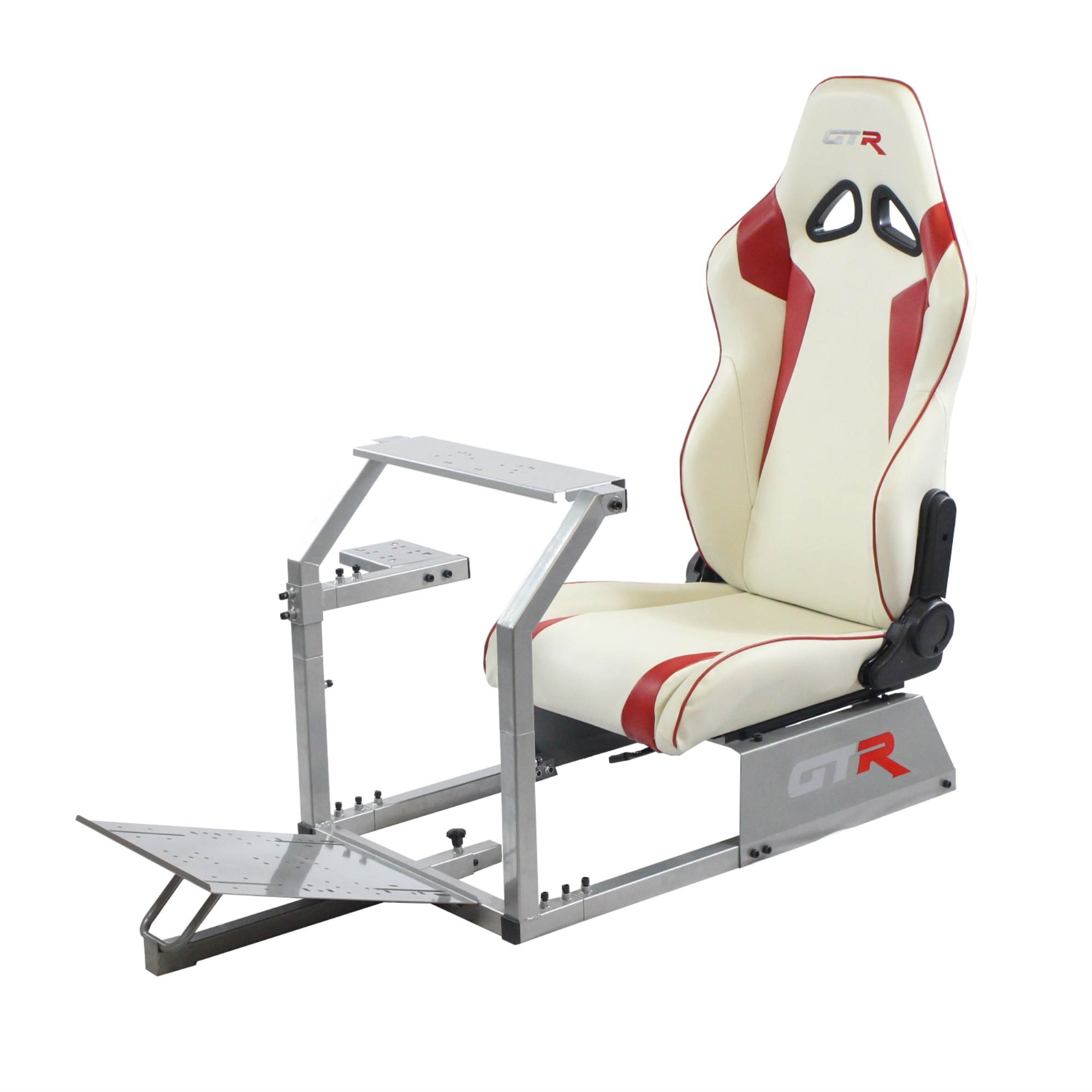 GTR Racing Simulator GTA-S-S105LWHTRD GTA Model Silver Frame with White/Red Real Racing Seat, Driving Simulator Cockpit Gaming Chair with Gear Shifter Mount
