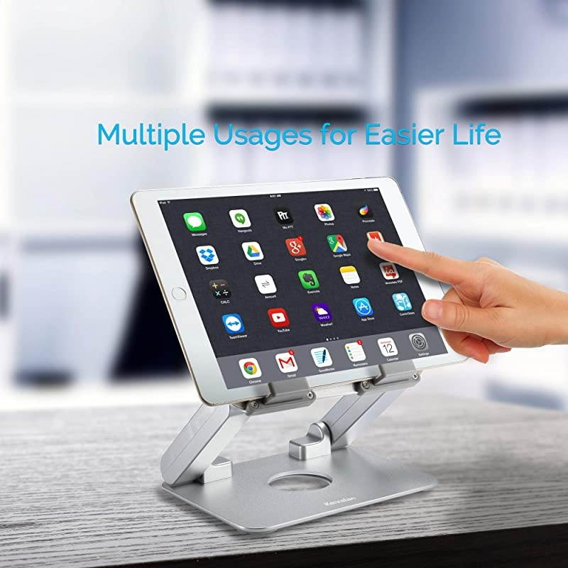 Aluminum Tablet Stand  Ergonomic Foldable Height Adjustable Tablet Riser for Desk Compatible with Apple iPad Series Samsung Pad Microsoft Pad and All Tablets Laptop Cell Phone Silver