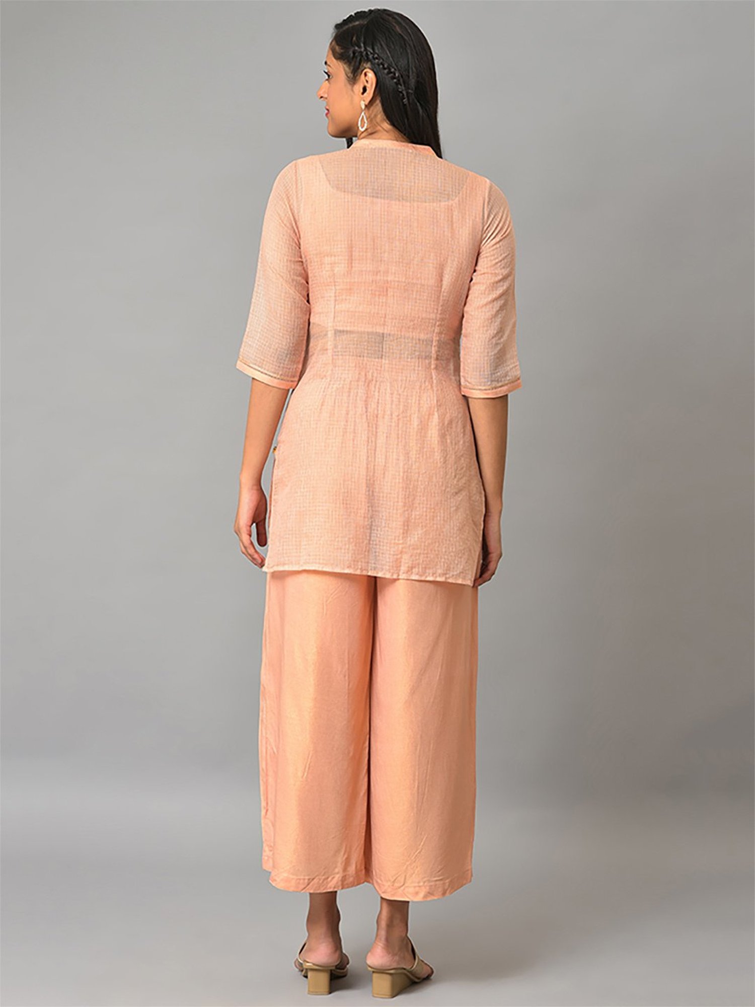 Aurelia Peach Printed Crop Top Palazzo Set With Overlay