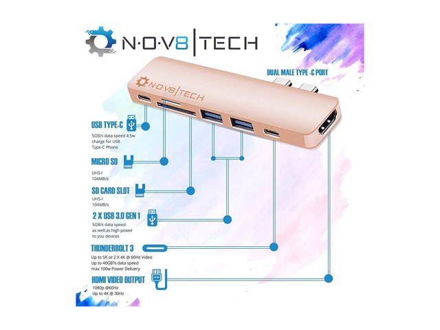 NOV8Tech USB C Hub Docking Station for MacBook Pro 2019-16 and MacBook Air 2019-18 7 in 2, 4K HDMI, Thunderbolt 3 100W PD Charger 40GBps Data, 2xUSB 3.0, USB 3.1 C 5GBps, SD/MicroSD Card Reader 7 in 1