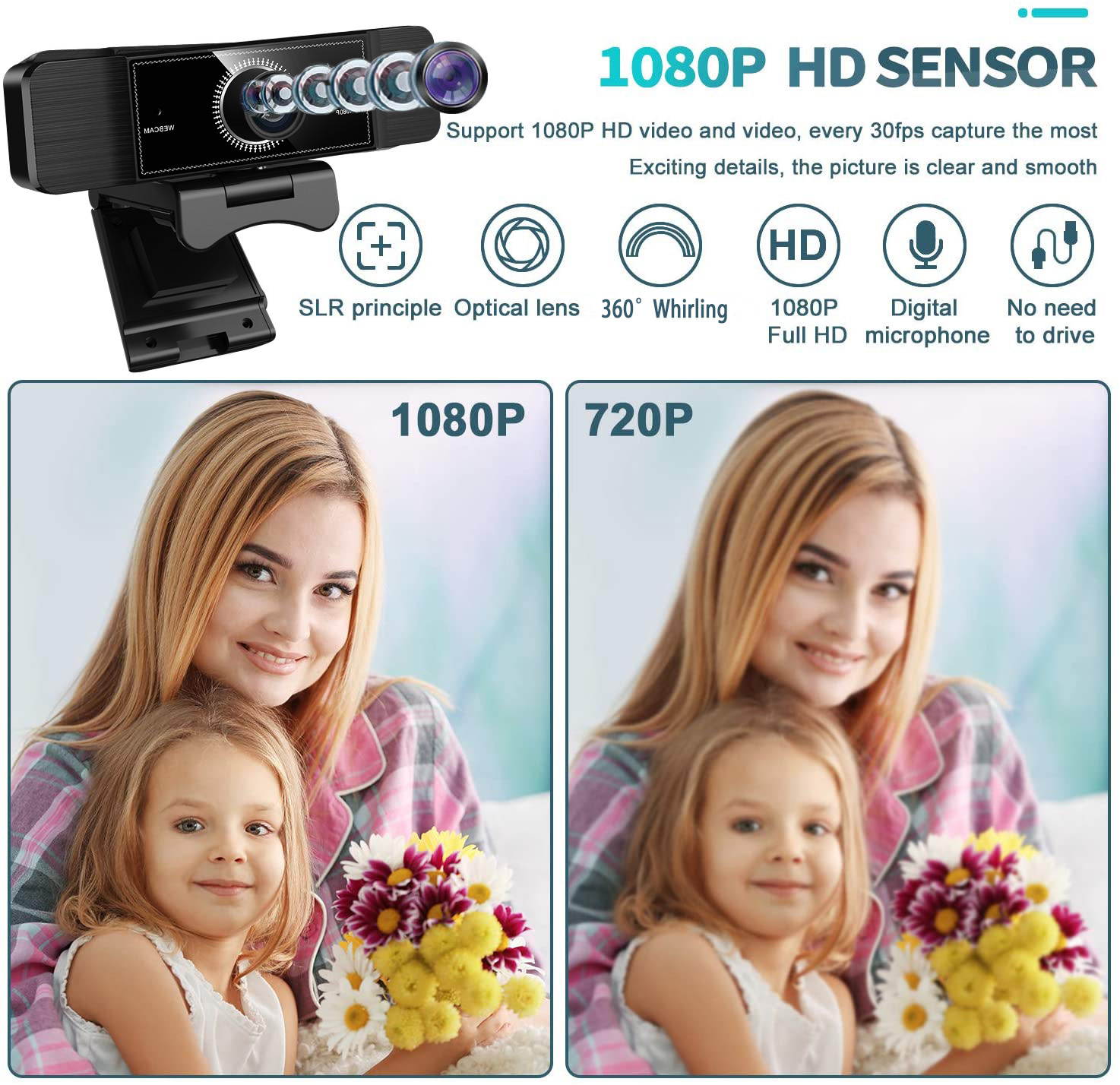 Webcam with Microphone, 1080P Full HD Webcam with 360&deg; rotation, USB Web Cam for PC or Laptop Video Calling, Compatible for Win10/8/8.1/7/XP Linux for Skype, Streaming, Teleconference, Video Chat