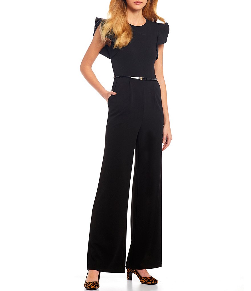 Calvin Klein Ruffle Sleeve Belted Wide Leg Jumpsuit