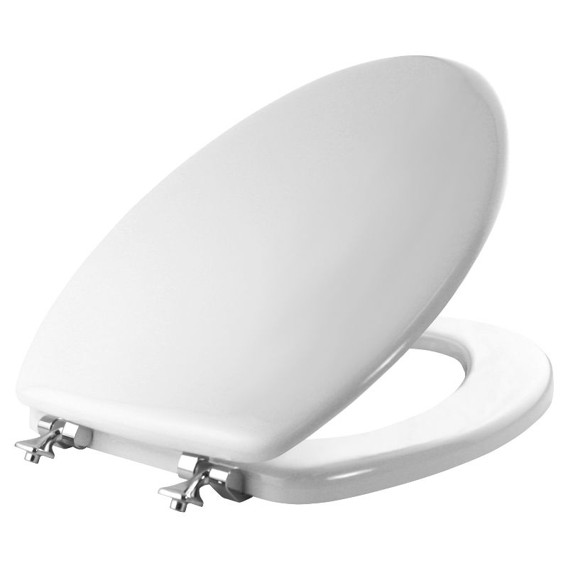 Edgewater Never Loosens Elongated Molded Wood Toilet Seat with Chrome Hinge White - Mayfair by Bemis