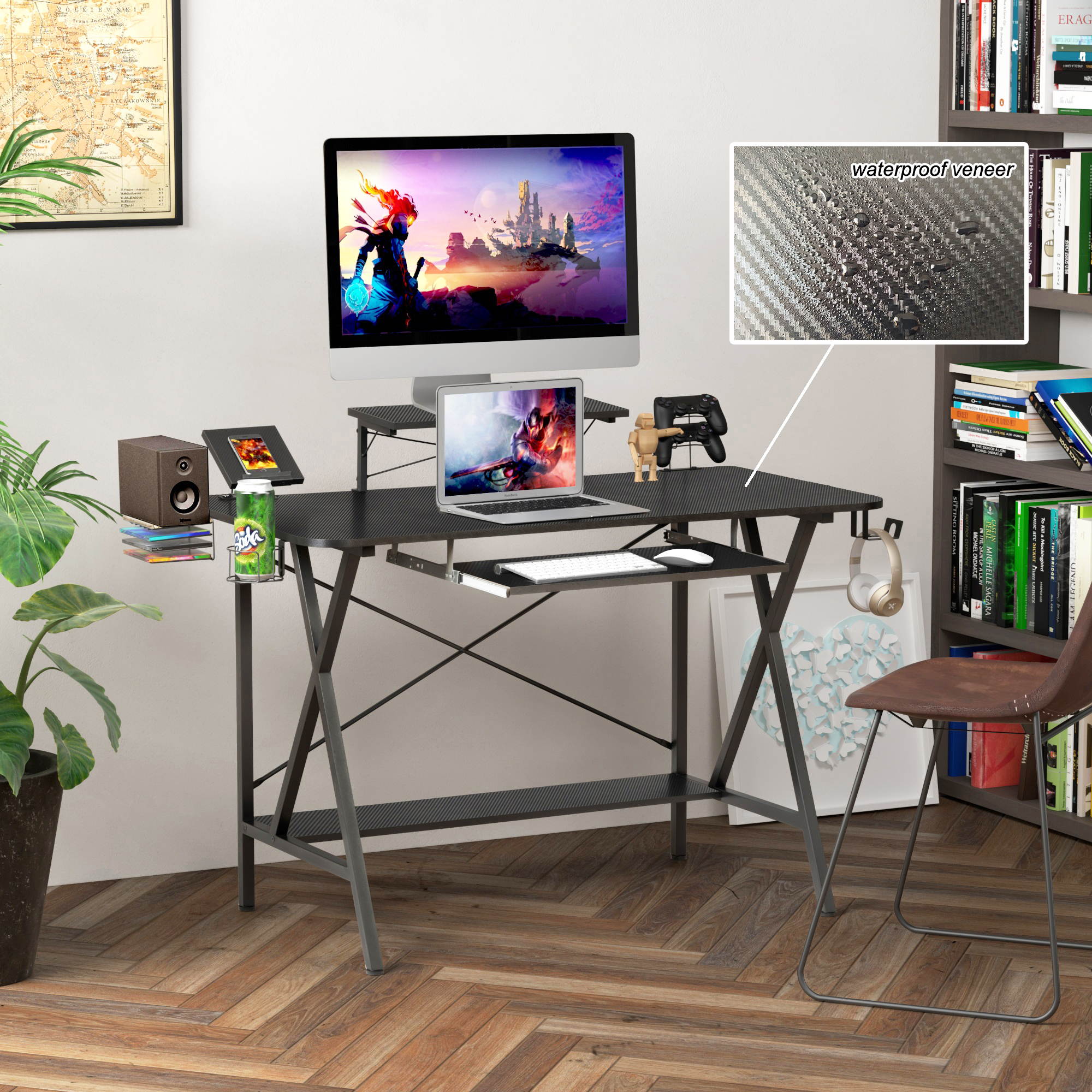 47" Gaming Desk Table E-Sports Computer Desk with PC Stand Shelf Keyboard stand Power Strip with USB Cup Holder & Headphone Hook Home Office Desk Gamer Desk Writing Table Carbon Fiber Coated Black