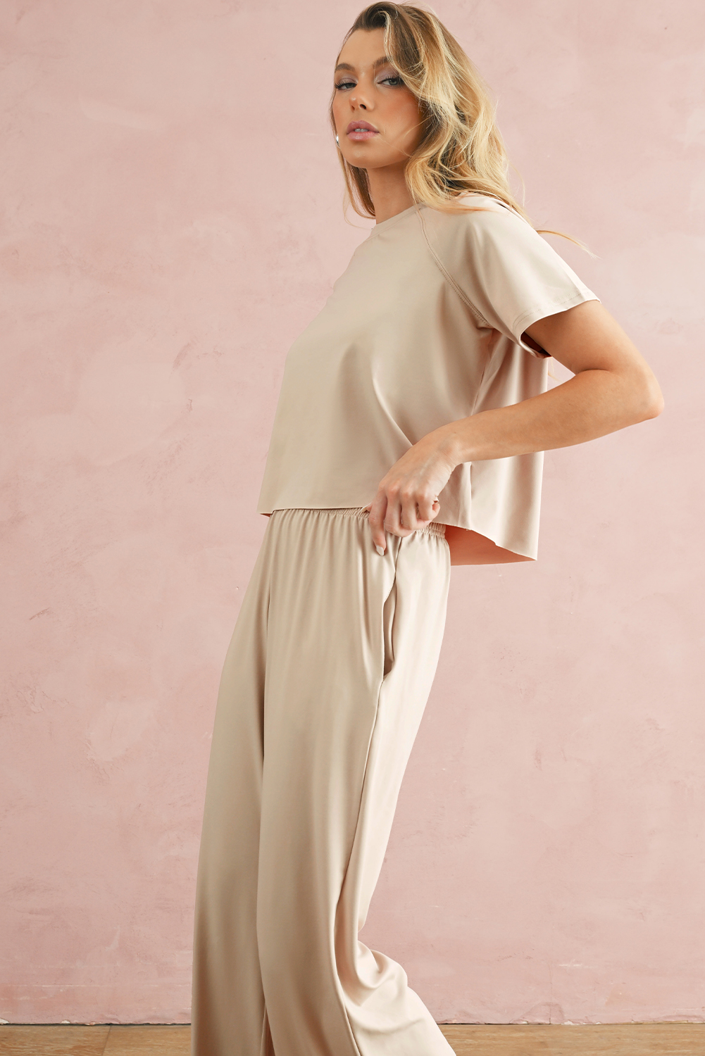 White Raw Hem Loose Tee and Wide Leg Pants Set